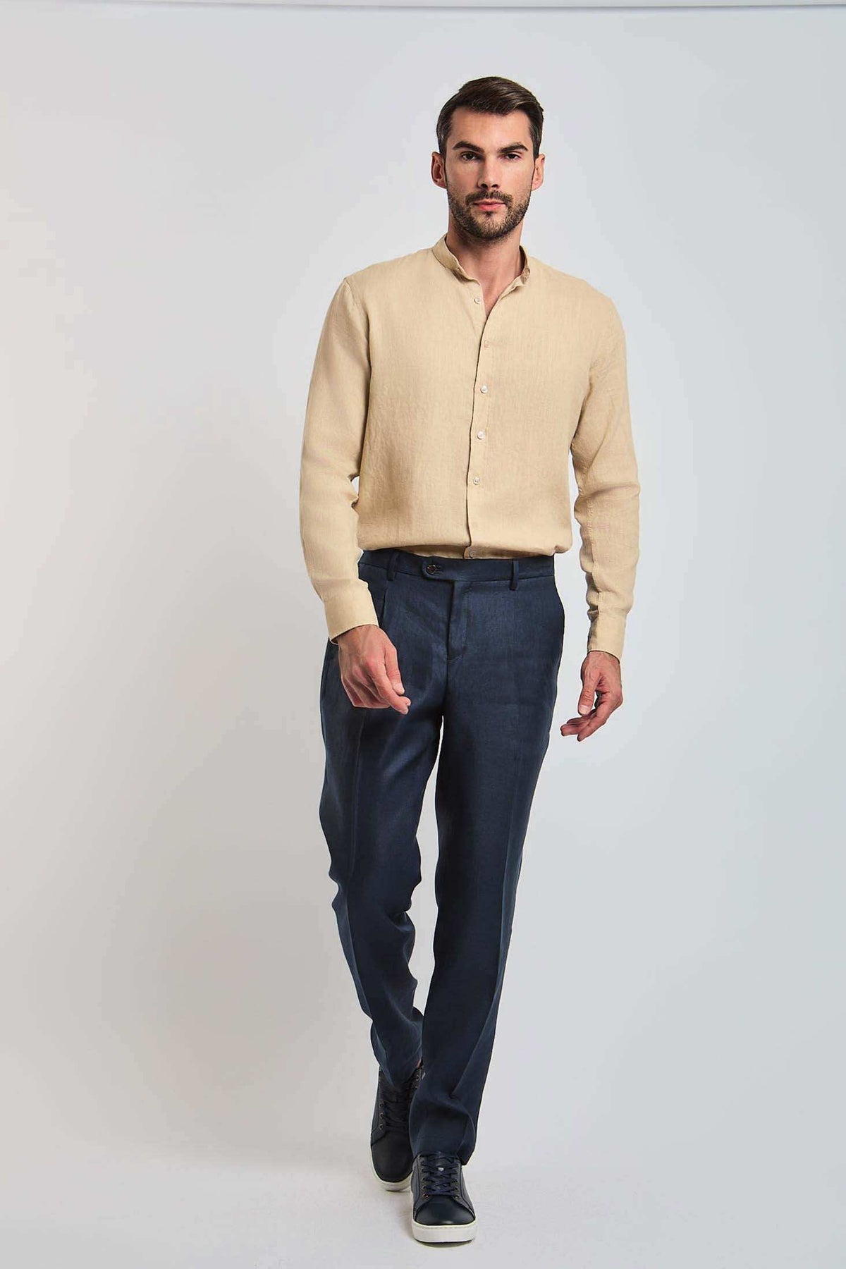Dalydress men's fashion, beige mandarin collar shirt with navy blue trousers and sneakers