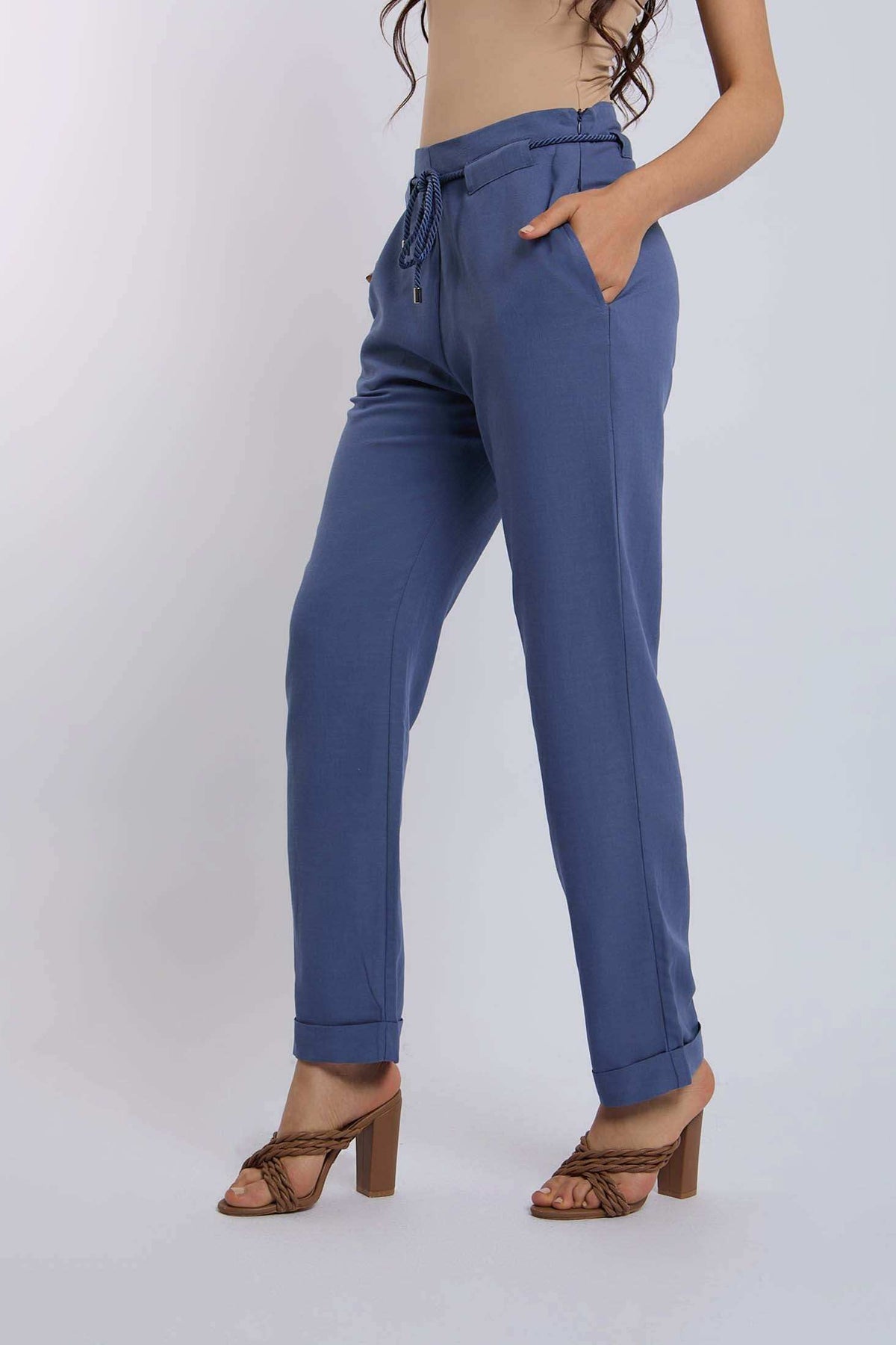 Dalydress women's blue drawstring pants with pockets, styled with heels, casual fashion