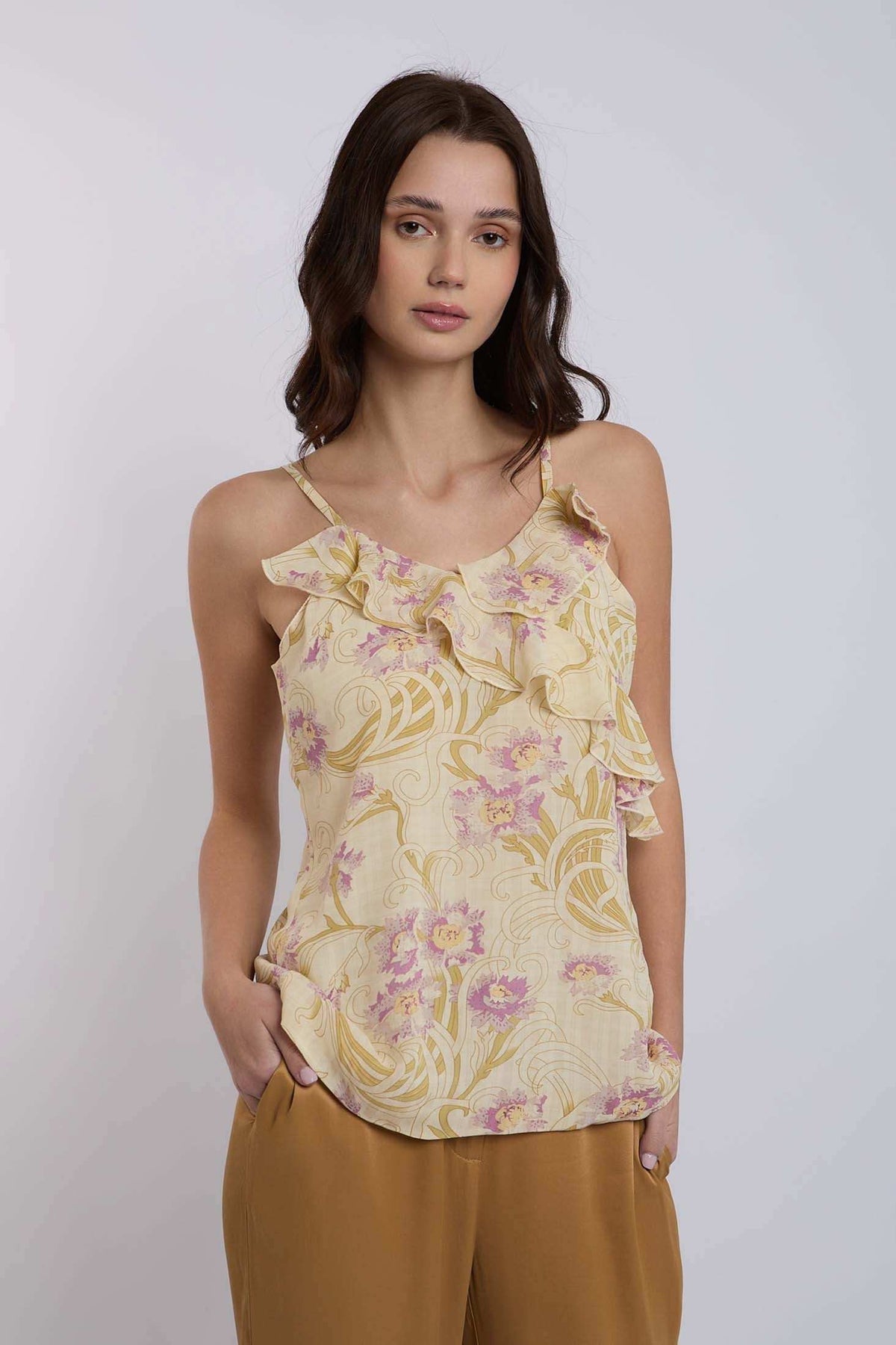 Dalydress women's yellow floral ruffle top with thin straps, styled for summer fashion