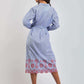 Dalydress women's blue striped belted dress with red floral embroidery, back view