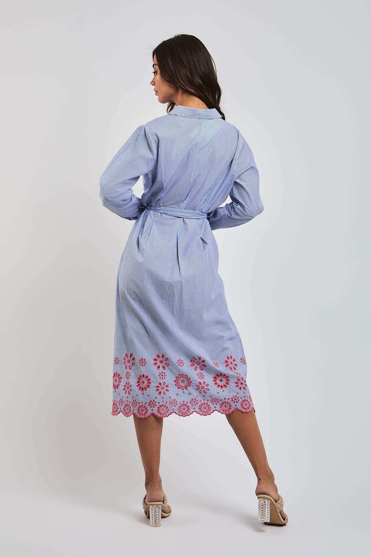 Dalydress women's blue striped belted dress with red floral embroidery, back view