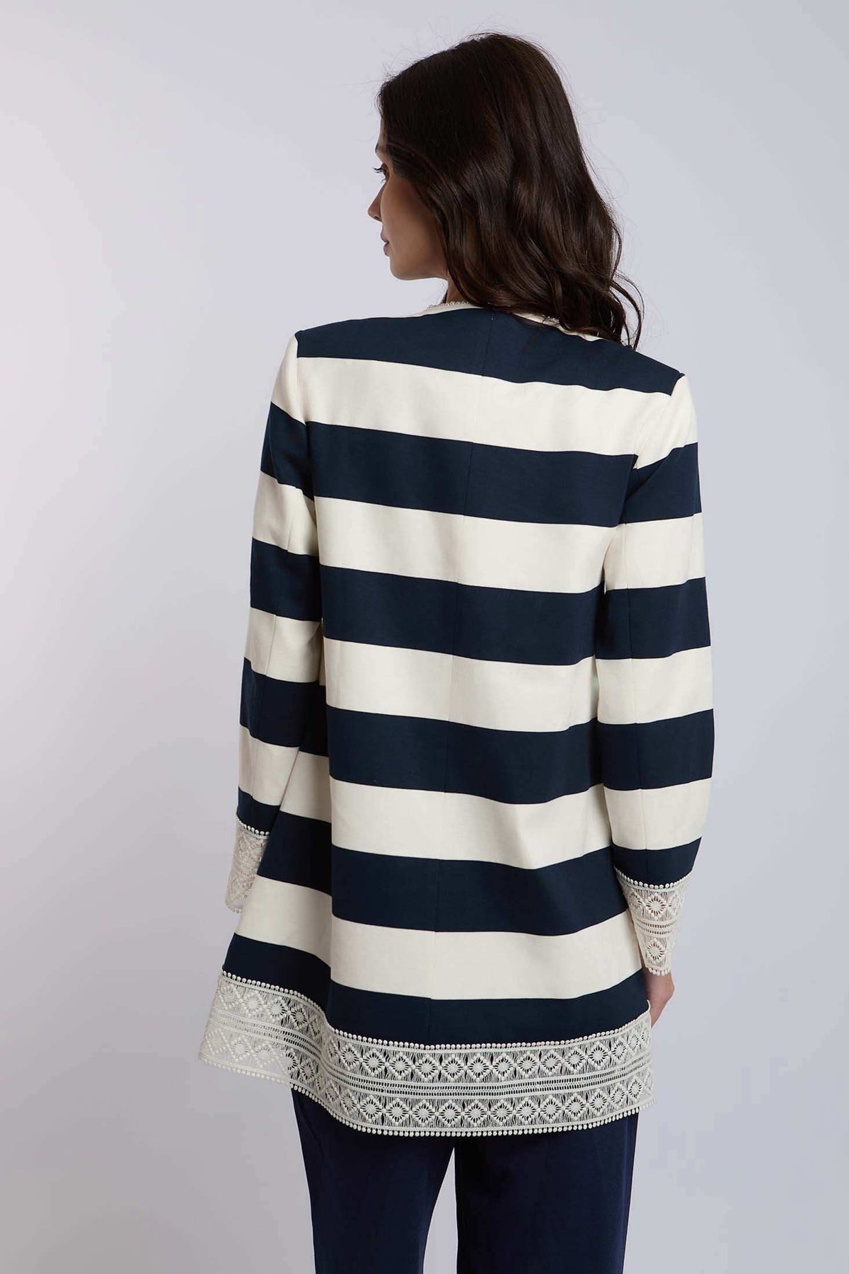 Dalydress women's striped blazer with navy and white horizontal stripes, lace details, back view