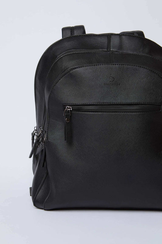 Dalydress black leather backpack with front zipper pocket on plain background