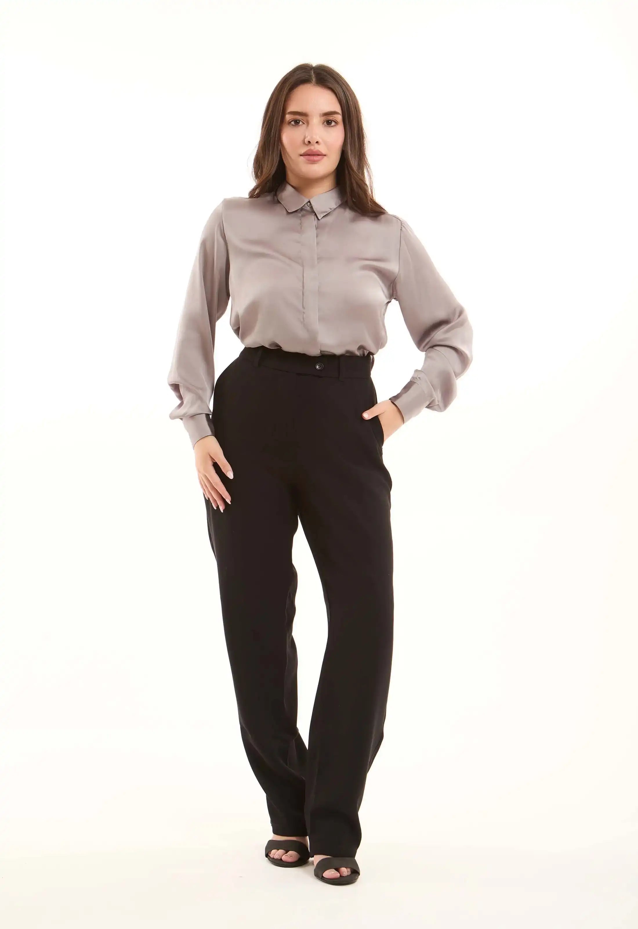 Taupe Satin Button-Down Shirt