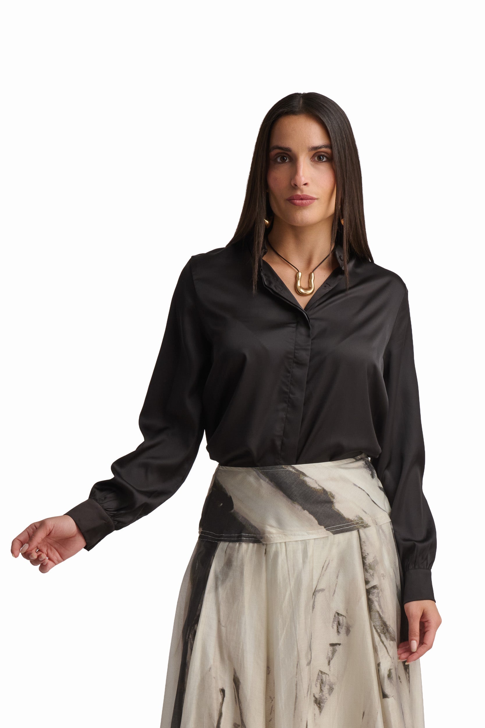 Black Satin Tie-Neck Blouse