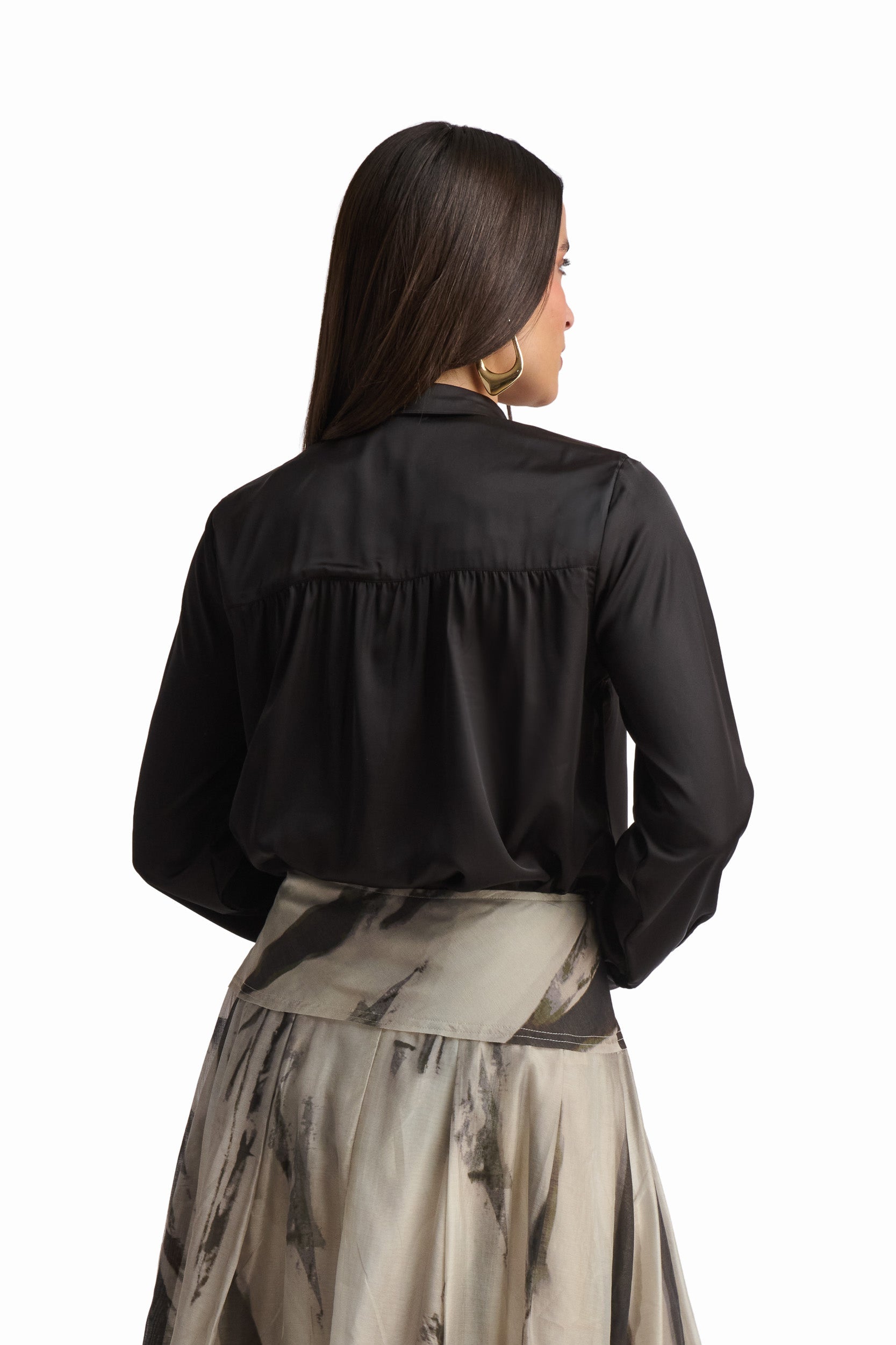 Black Satin Tie-Neck Blouse