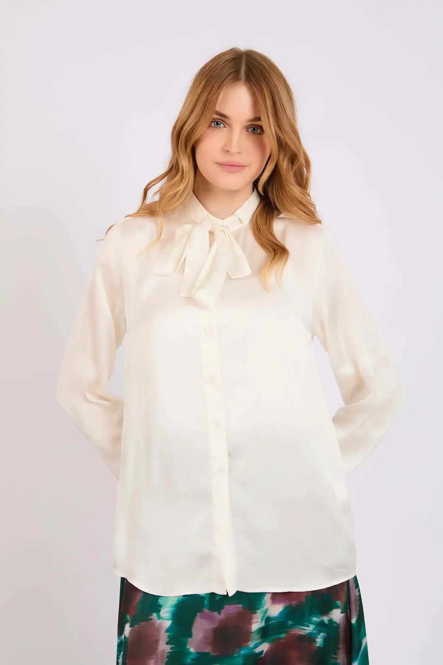 Cream Satin Tie-Neck Blouse