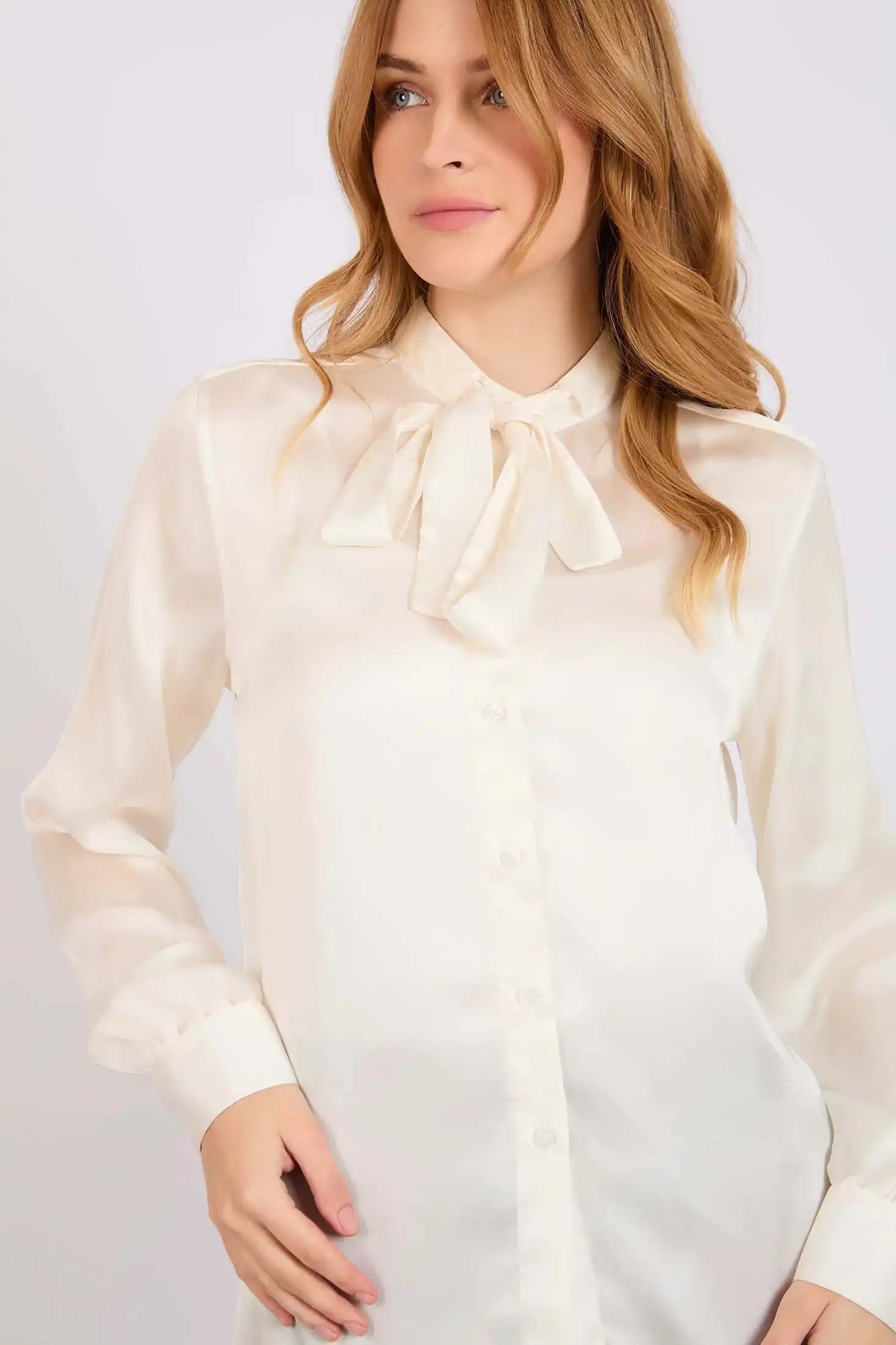 Cream Satin Tie-Neck Blouse