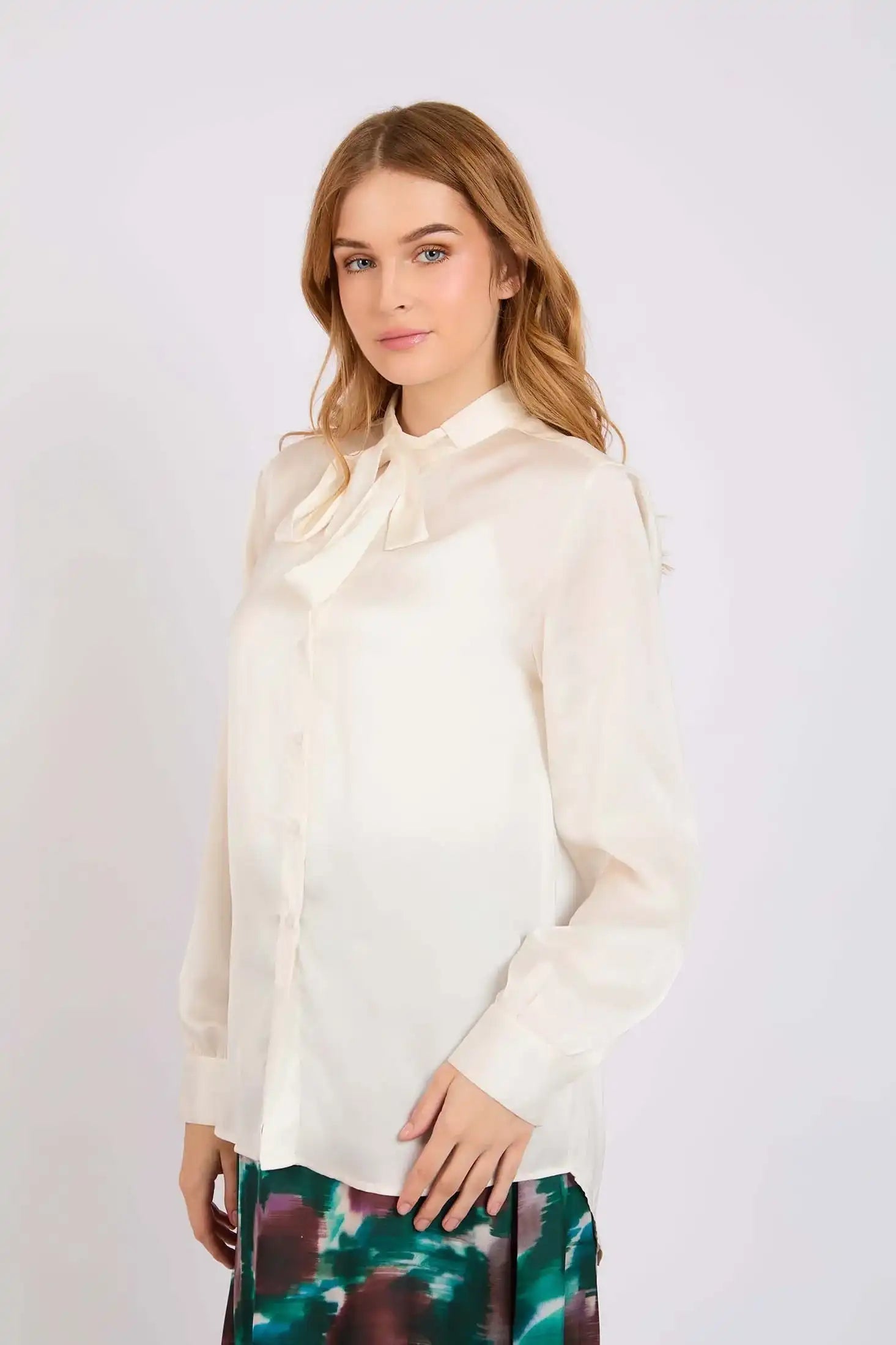 Cream Satin Tie-Neck Blouse
