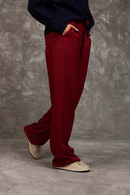Burgundy Wide-Leg Polyester Pants