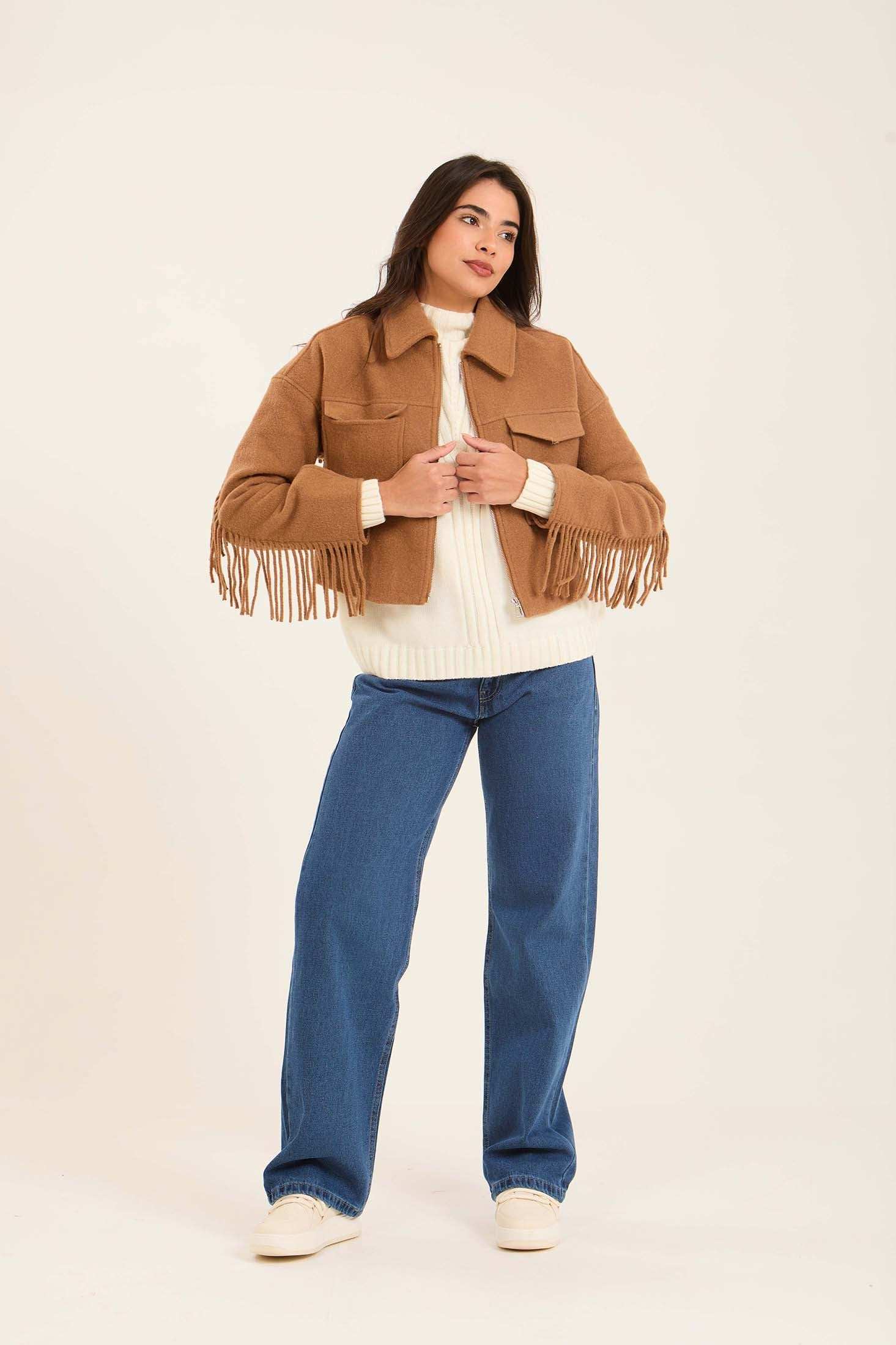 Women Short Jacket with Fringes Brown