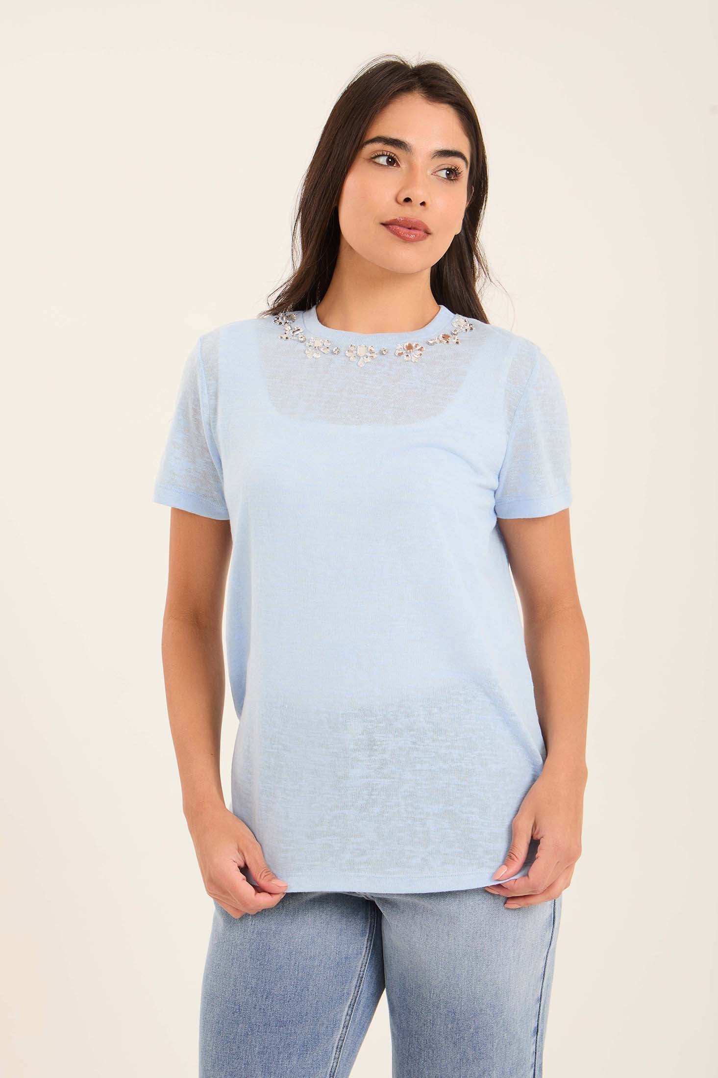 Embellished Rhinestone Crew Neck Tee