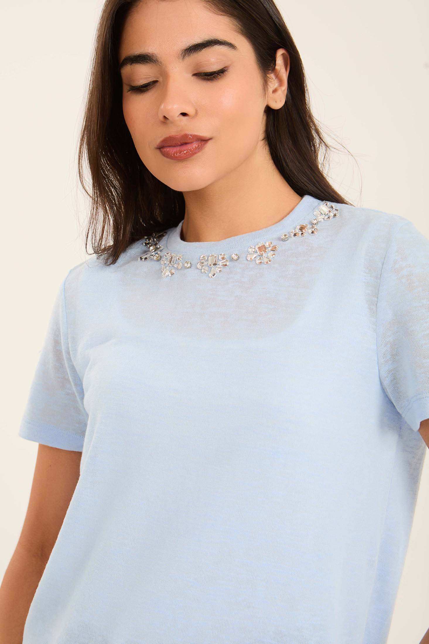 Embellished Rhinestone Crew Neck Tee