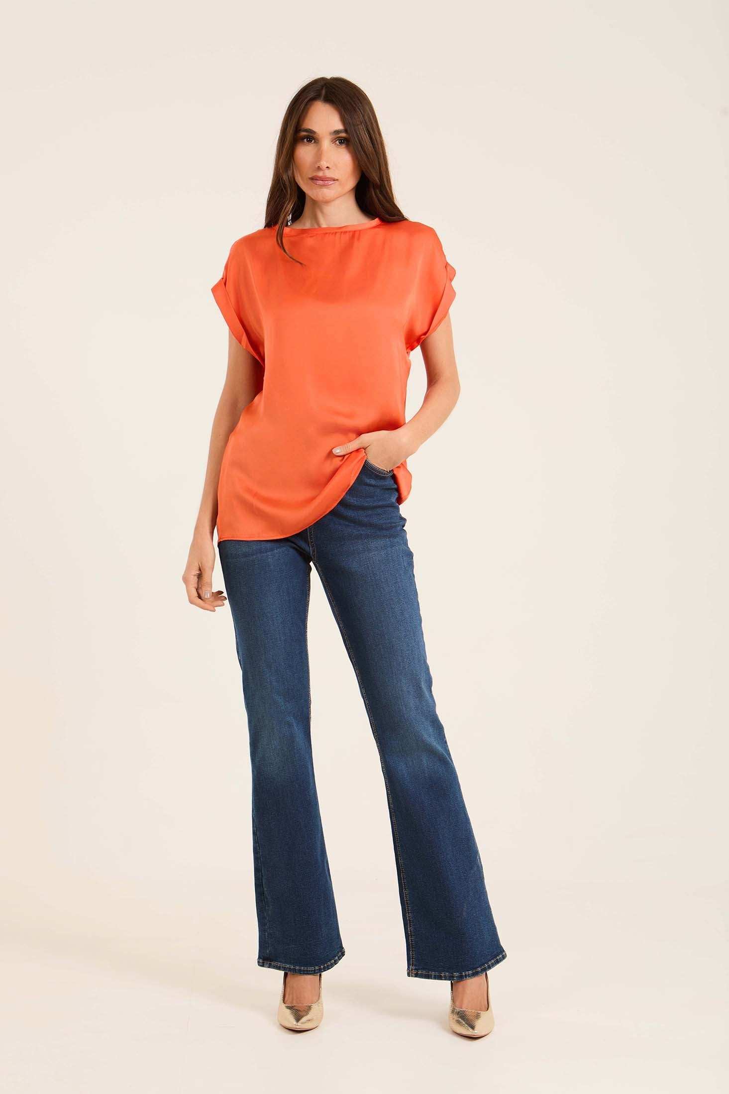 Roll-Up Short Sleeves Satin Top