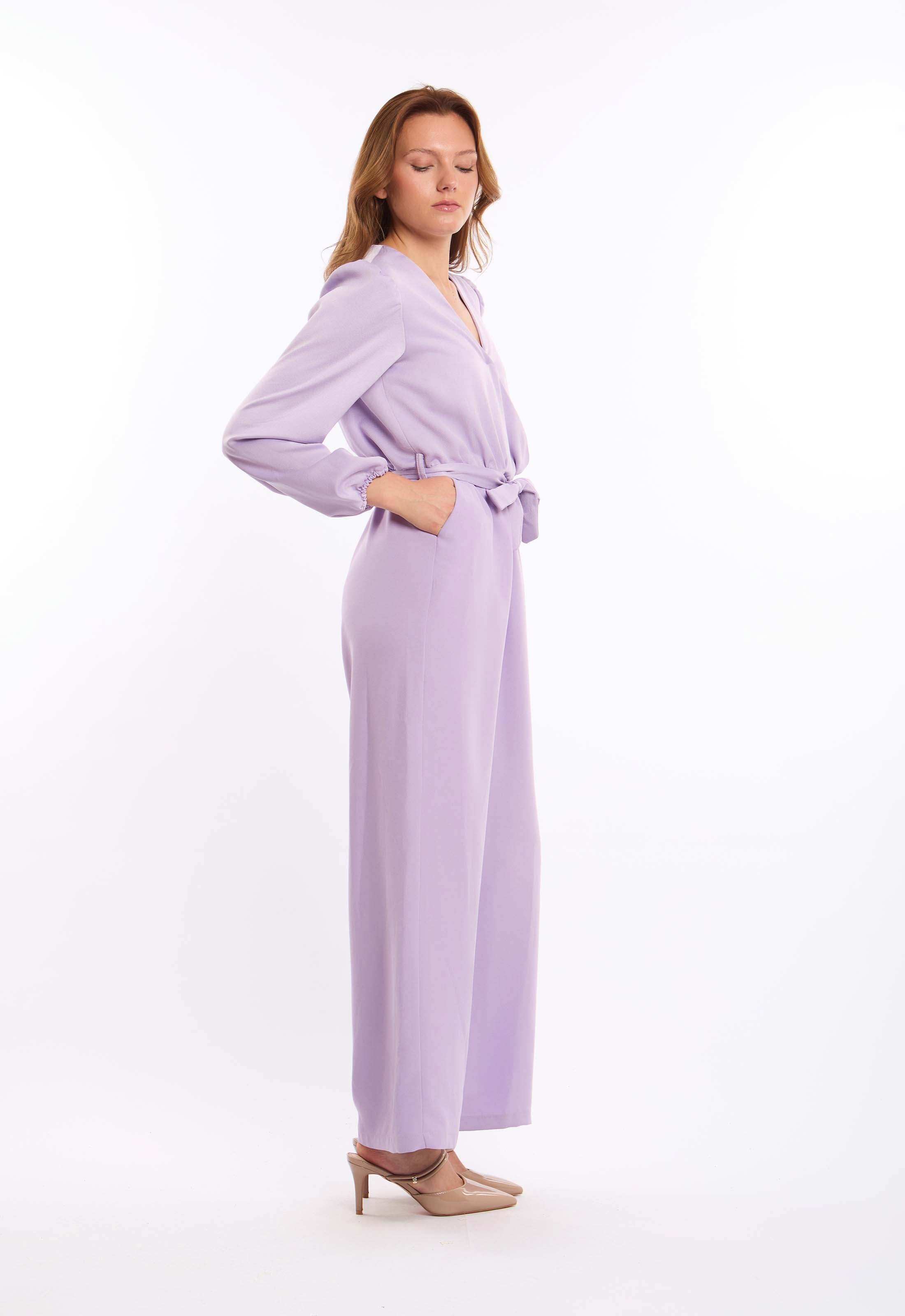 Long Sleeves V-Neck Jumsuit with Tie Waist