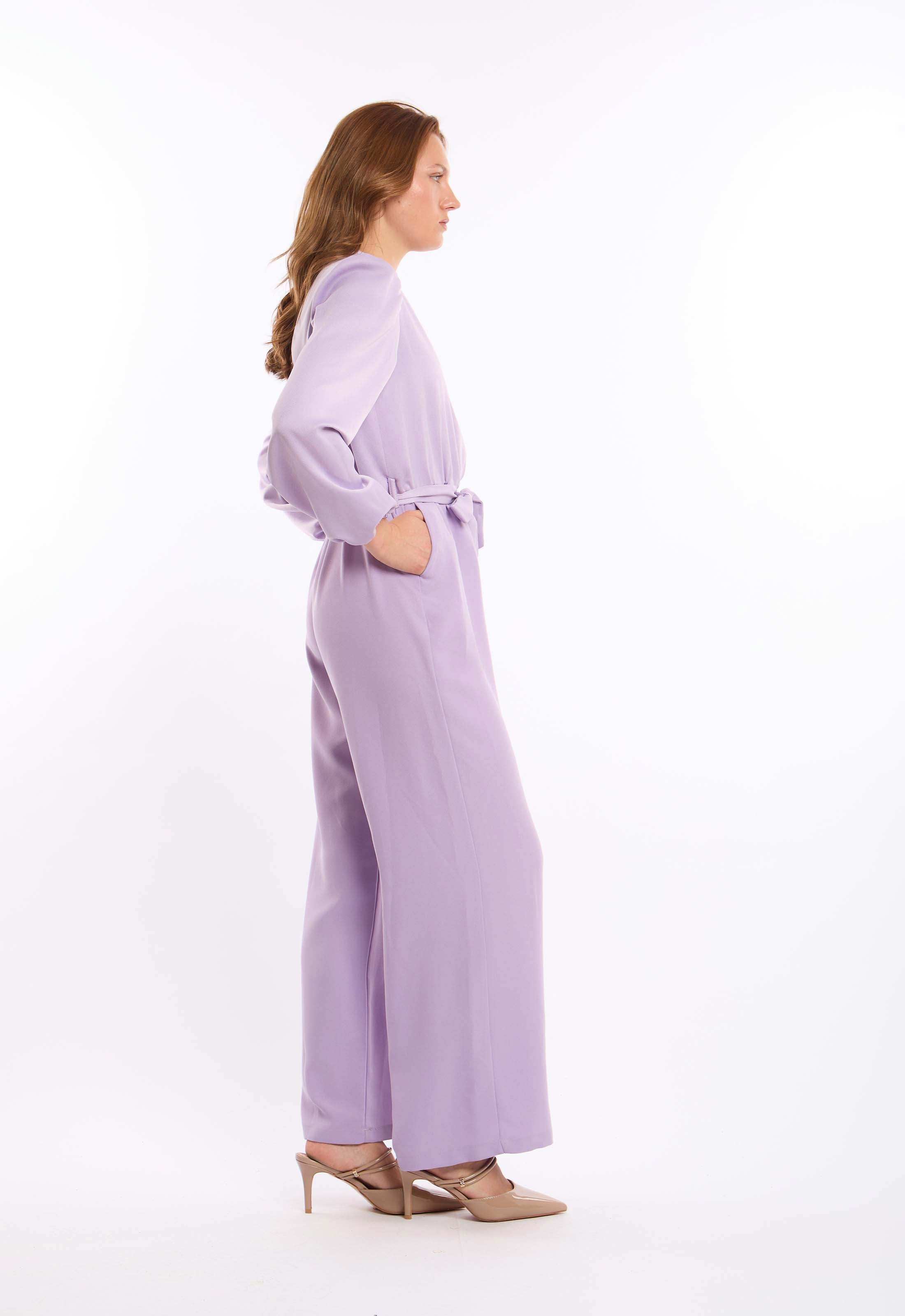 Long Sleeves V-Neck Jumsuit with Tie Waist