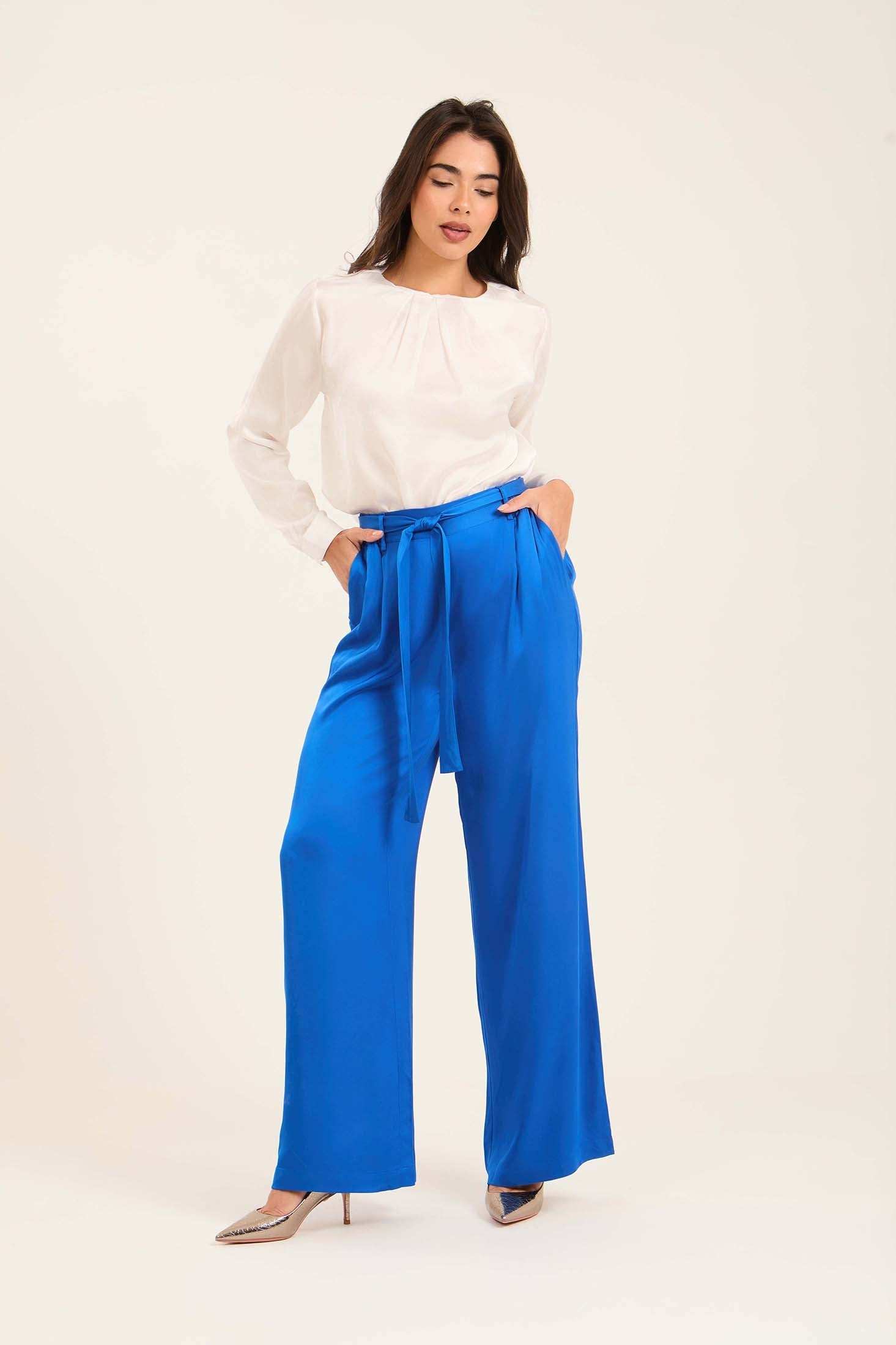 Satin Wide-Leg Pants with Waist Tie