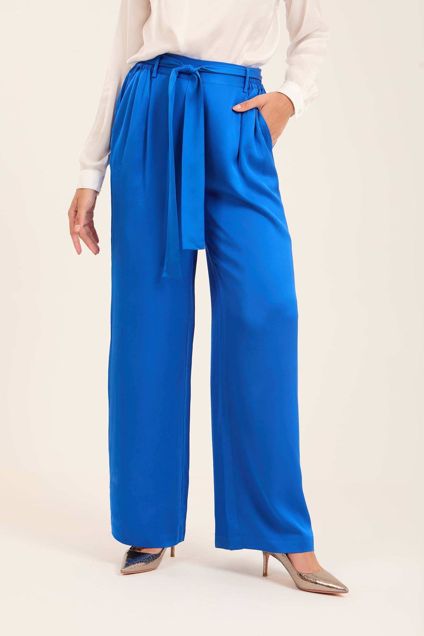 Satin Wide-Leg Pants with Waist Tie
