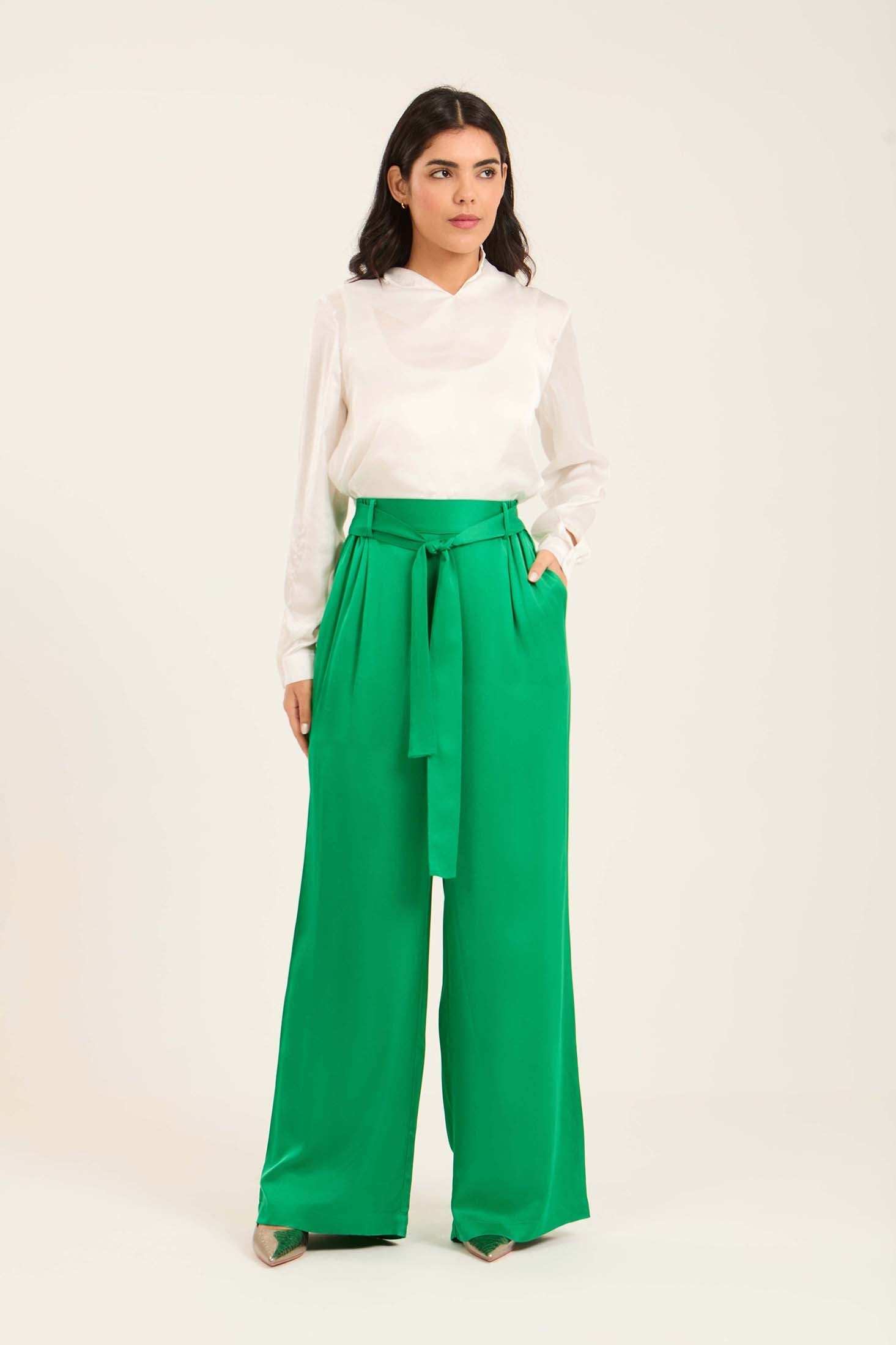 Satin Wide-Leg Pants with Waist Tie