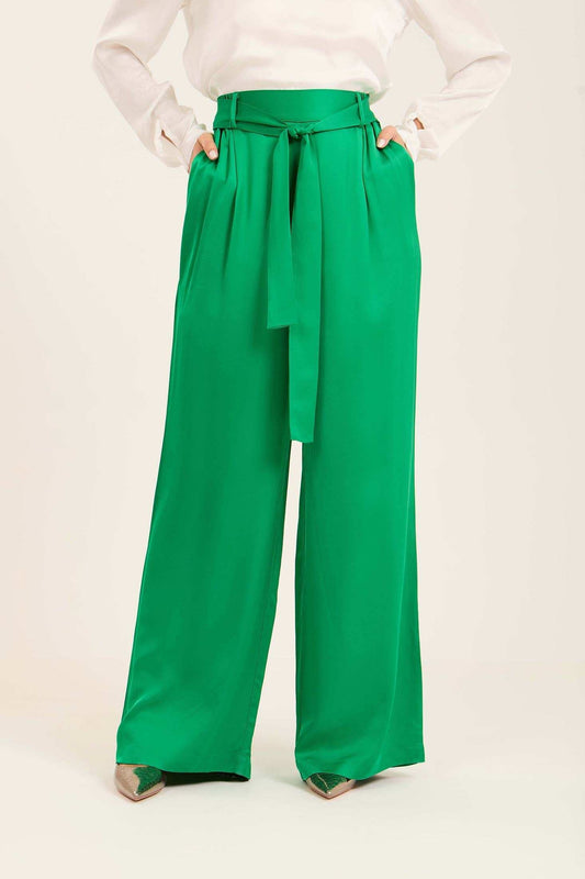 Satin Wide-Leg Pants with Waist Tie