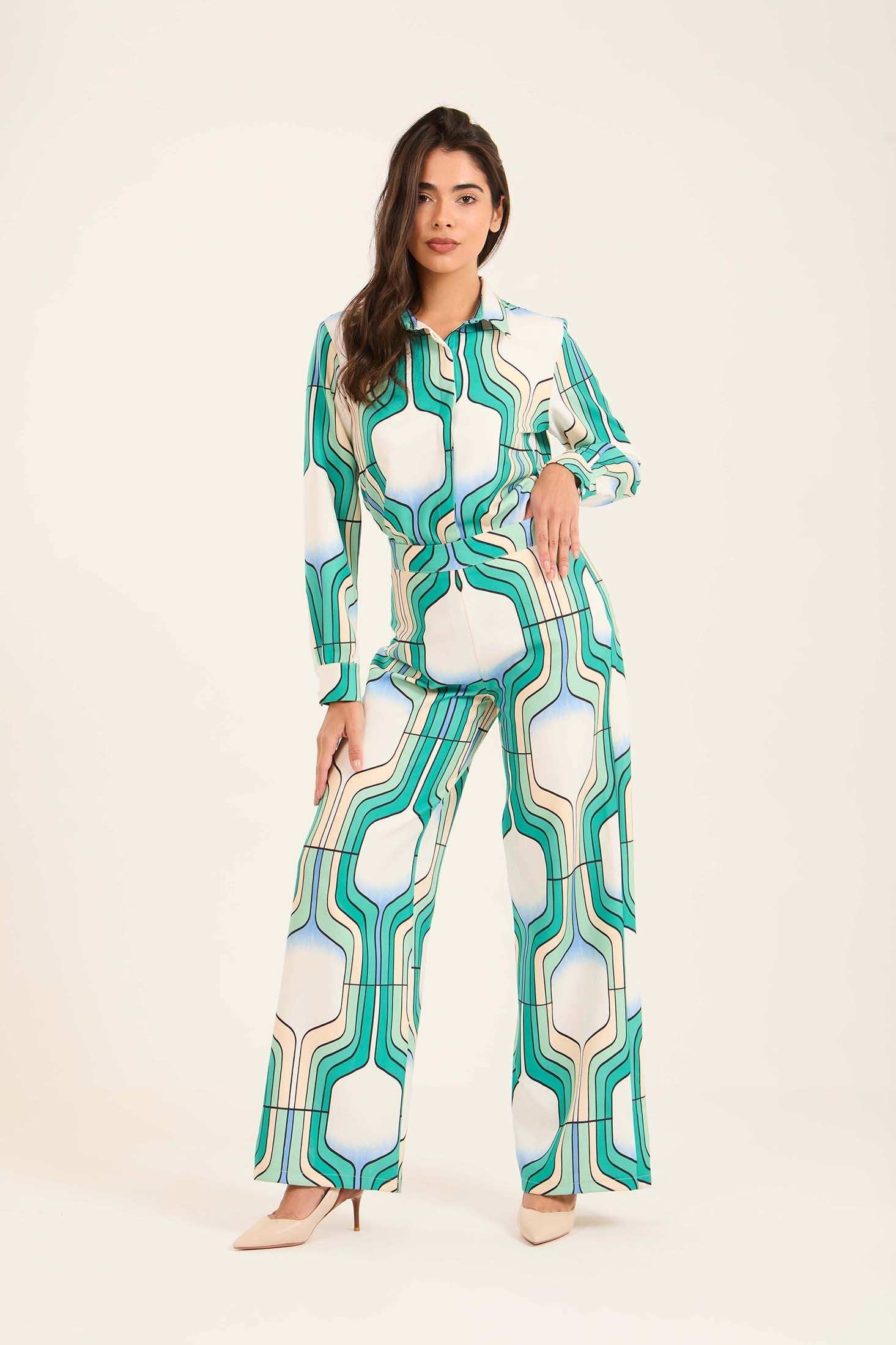 Retro Geometric Wide-Leg Pants