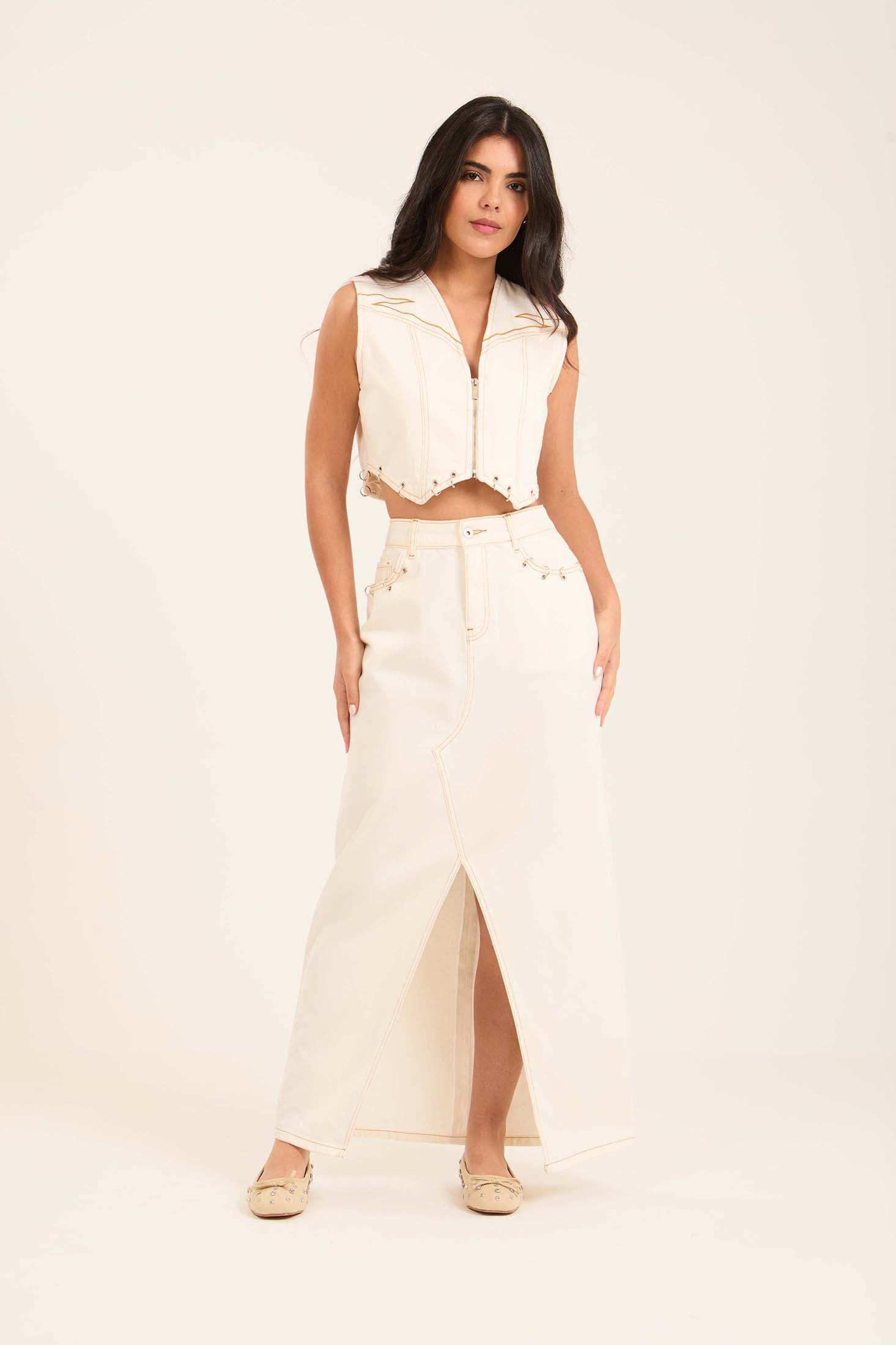 Decorative Rings Denim Skirt with Front Slit