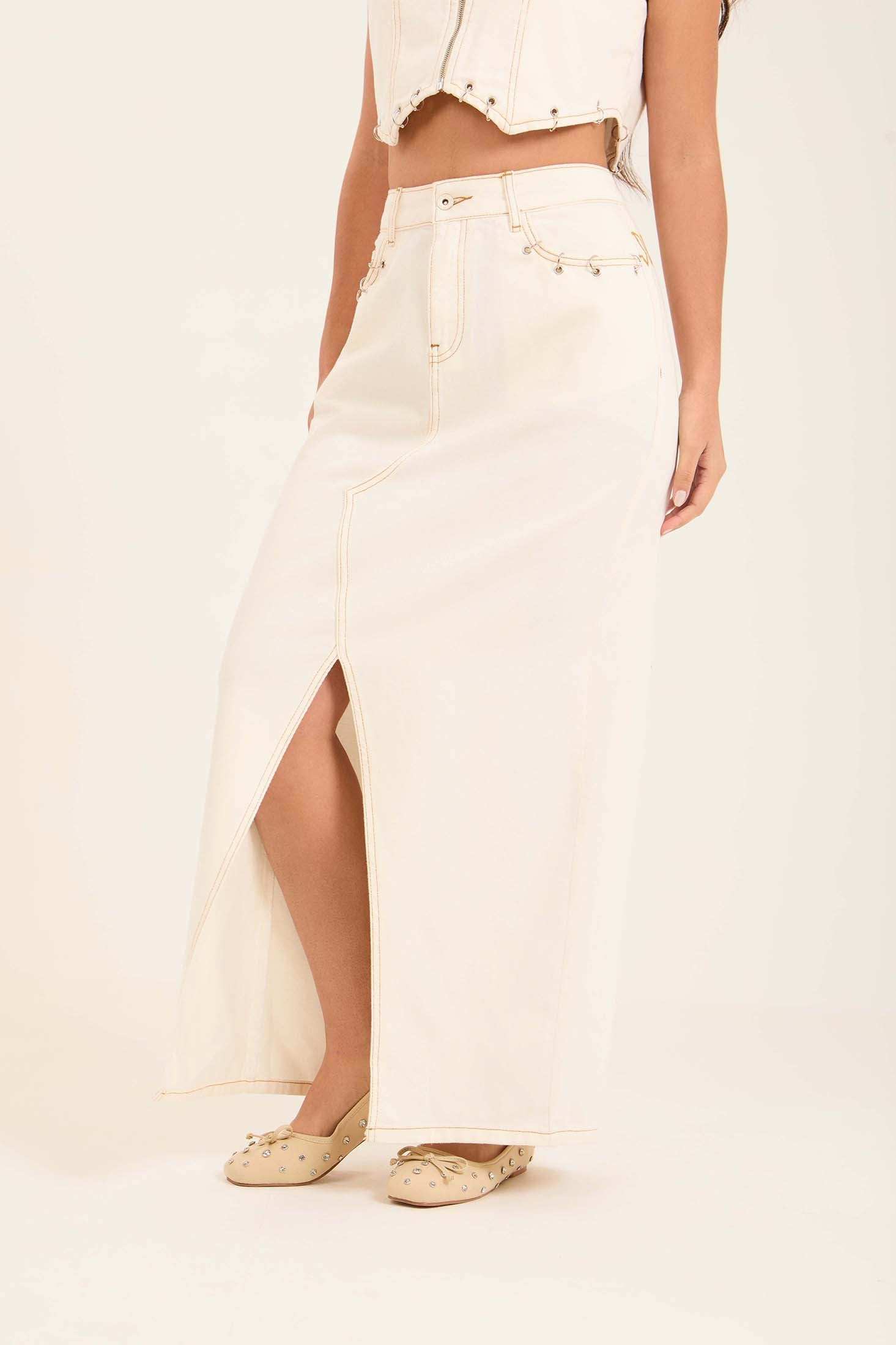 Decorative Rings Denim Skirt with Front Slit