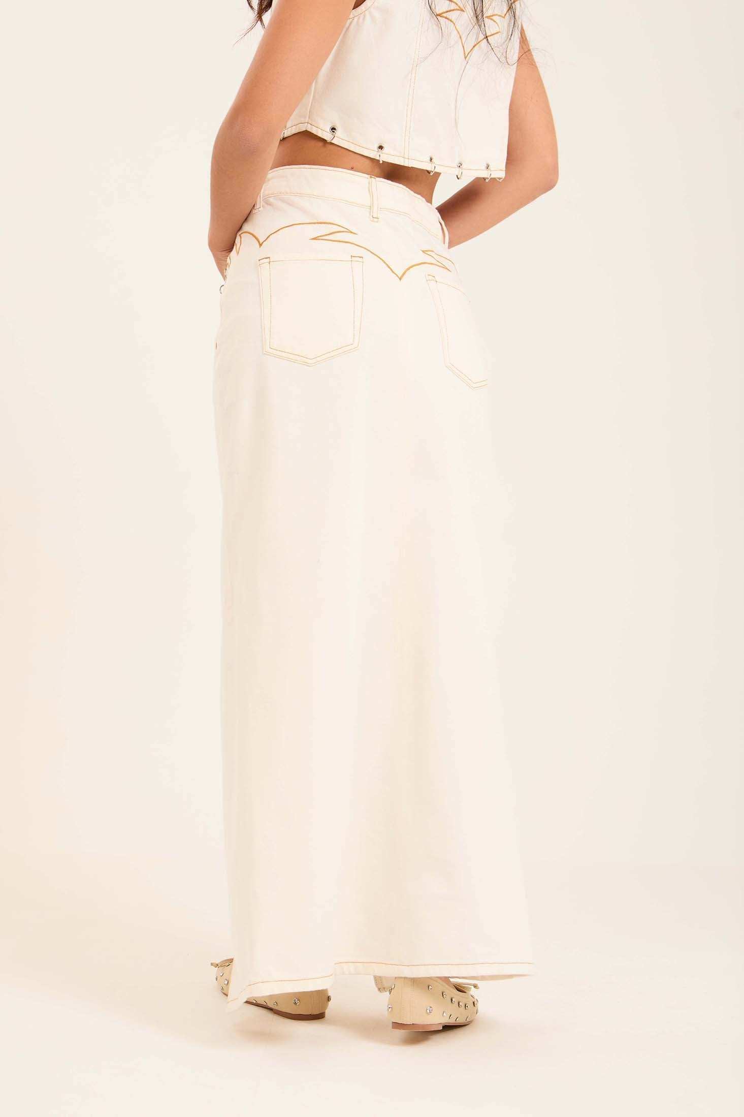 Decorative Rings Denim Skirt with Front Slit