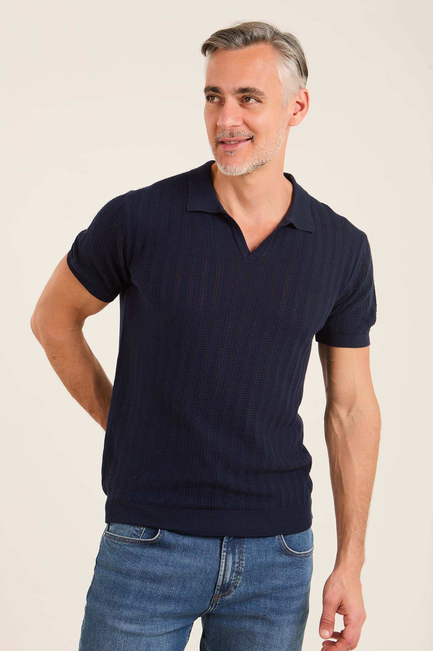 Perforated Striped Slip On Polo Shirt