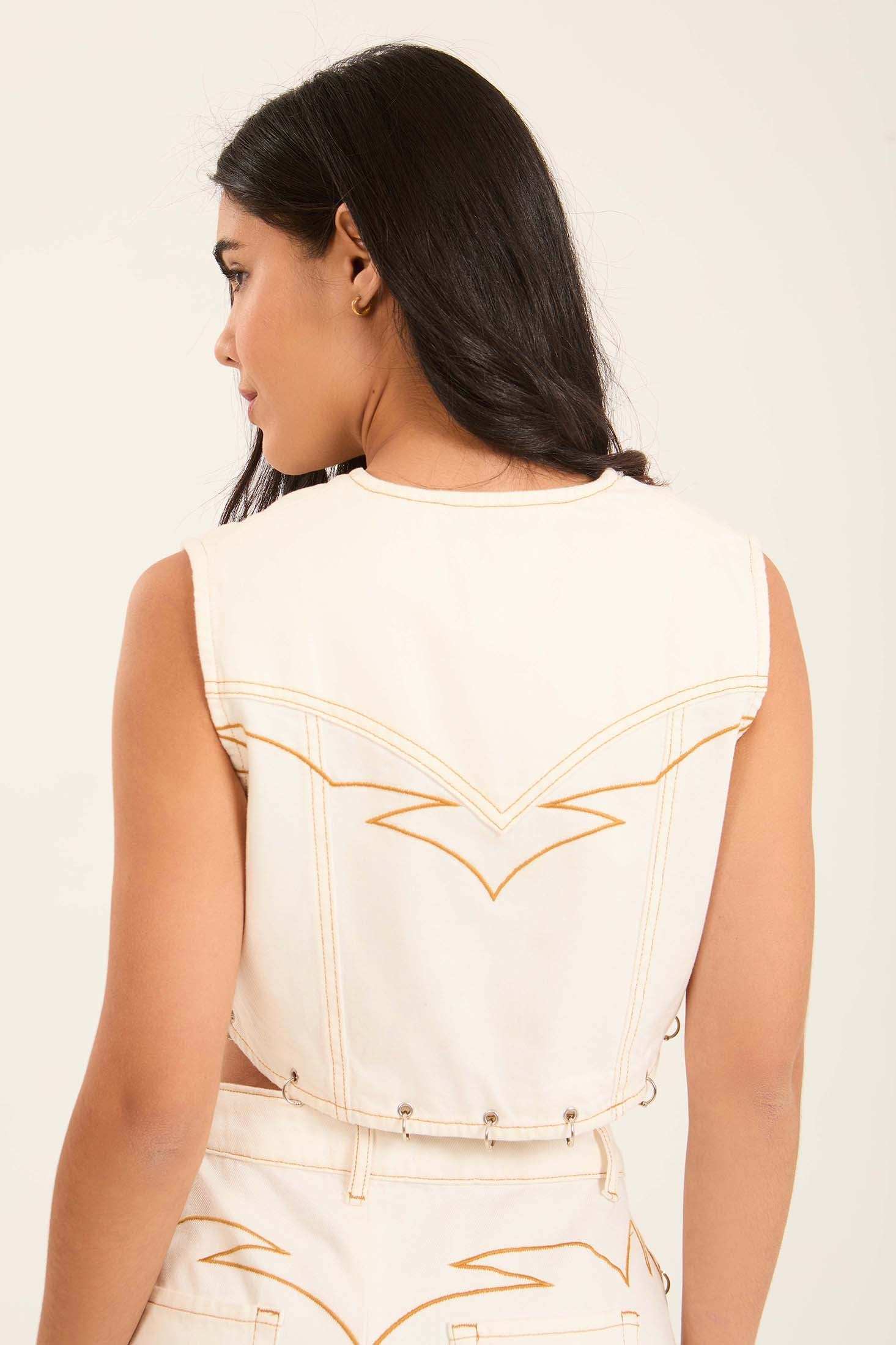 Deep V-Neck Zipped Vest with Decorative Rings