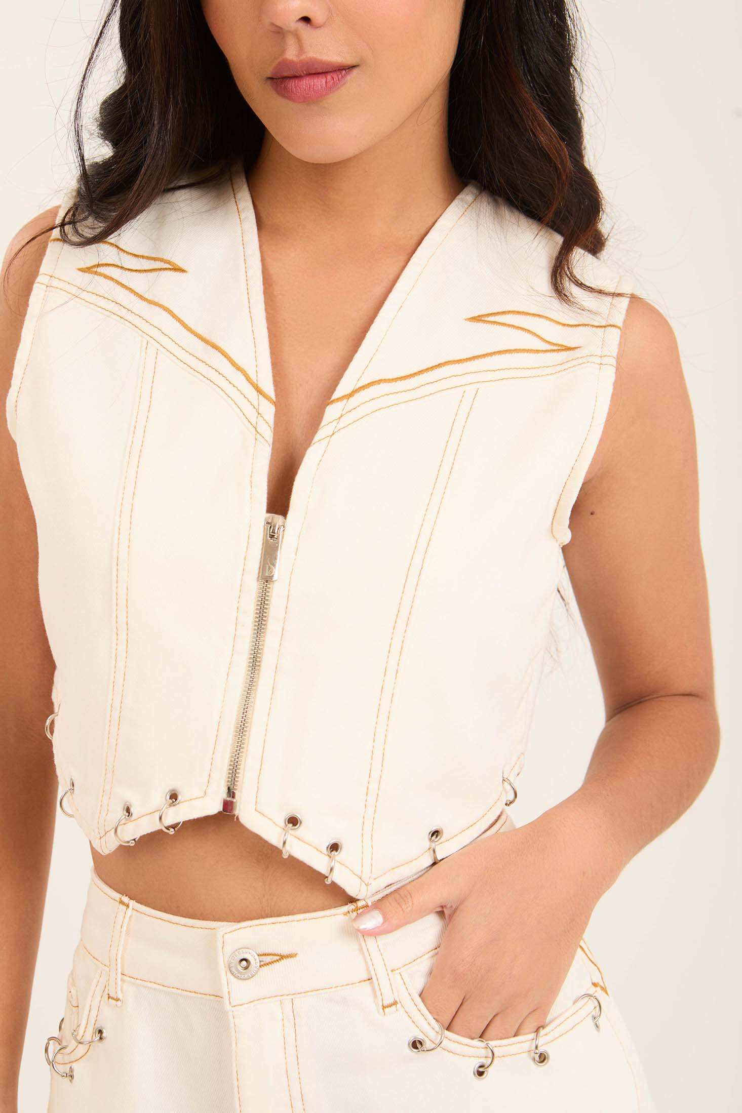 Deep V-Neck Zipped Vest with Decorative Rings