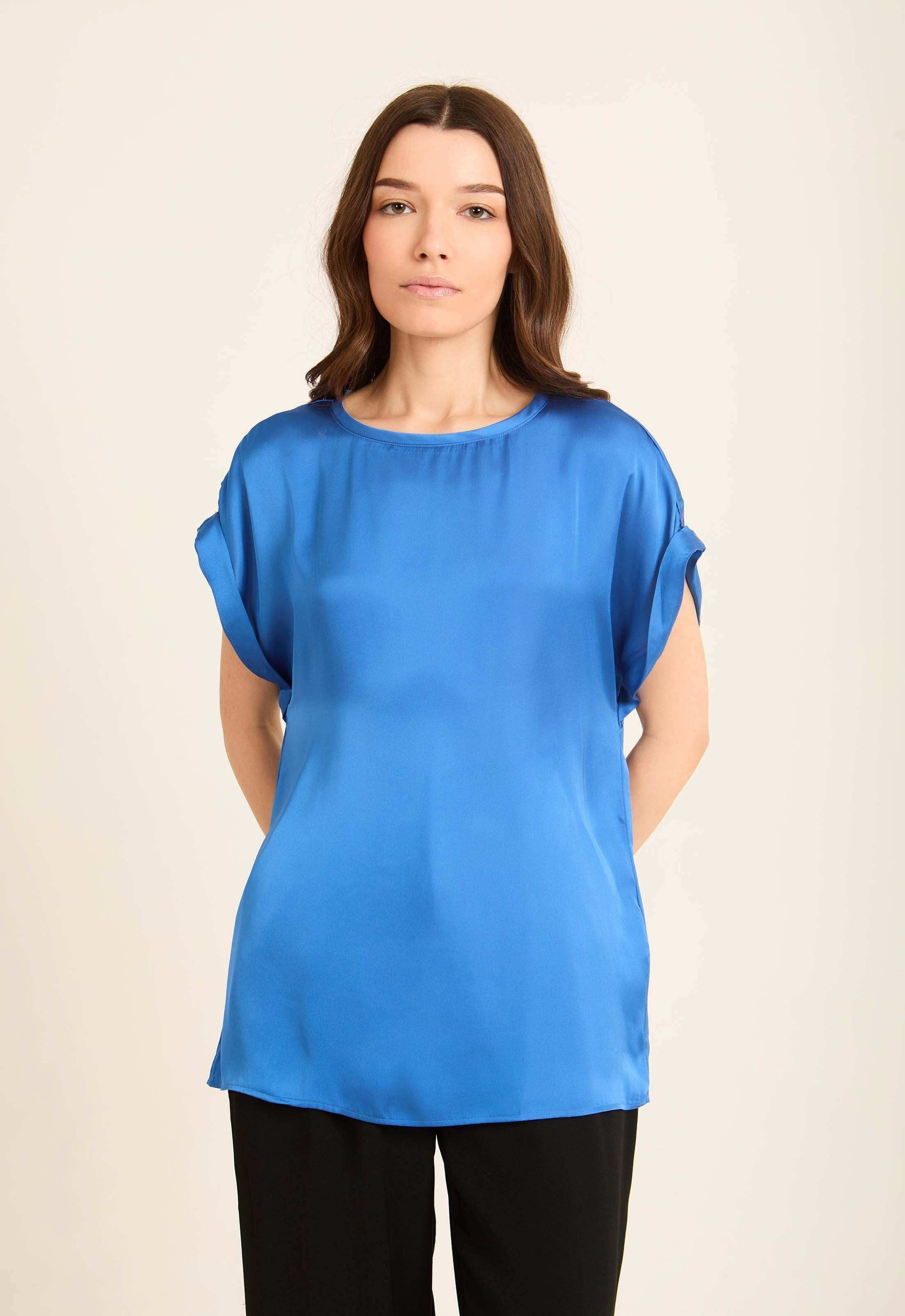Roll-Up Short Sleeves Satin Top