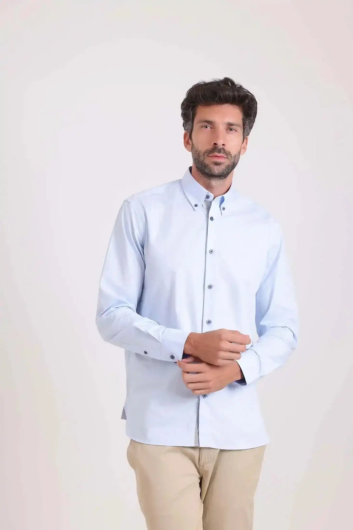Solid Classic Shirt with Striped Neckline