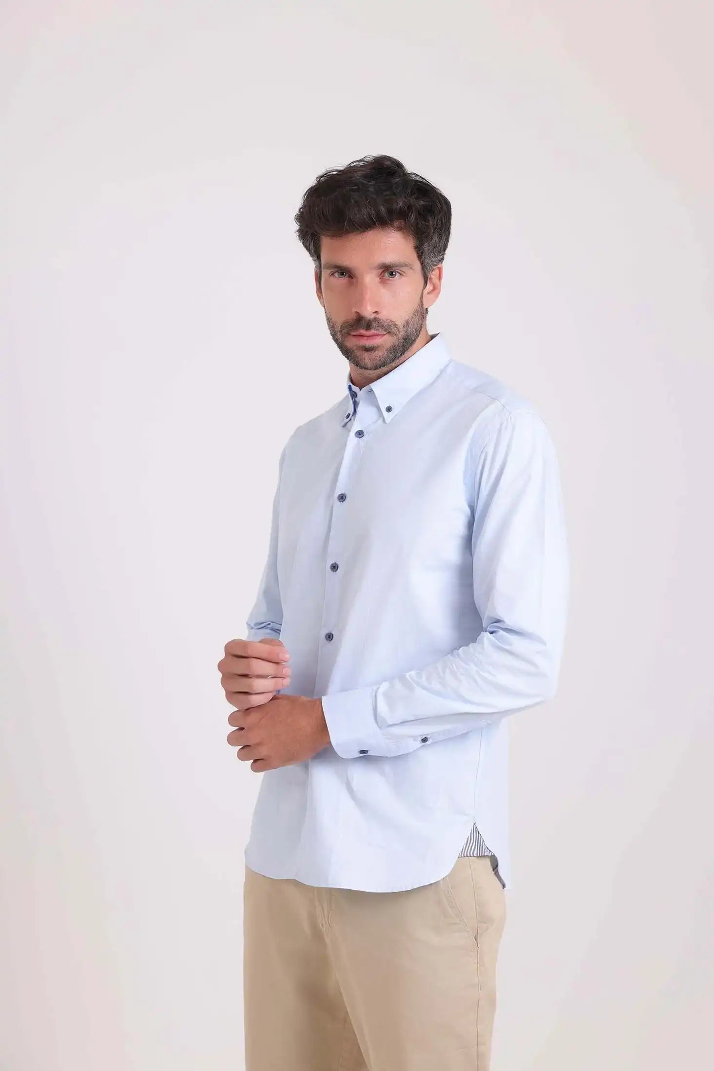 Solid Classic Shirt with Striped Neckline
