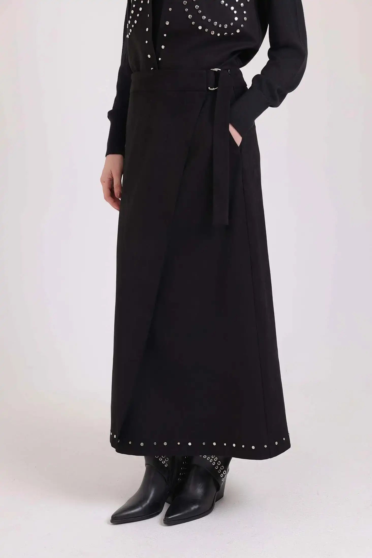 Comfy A-Line Skirt with Metal Studs Trim