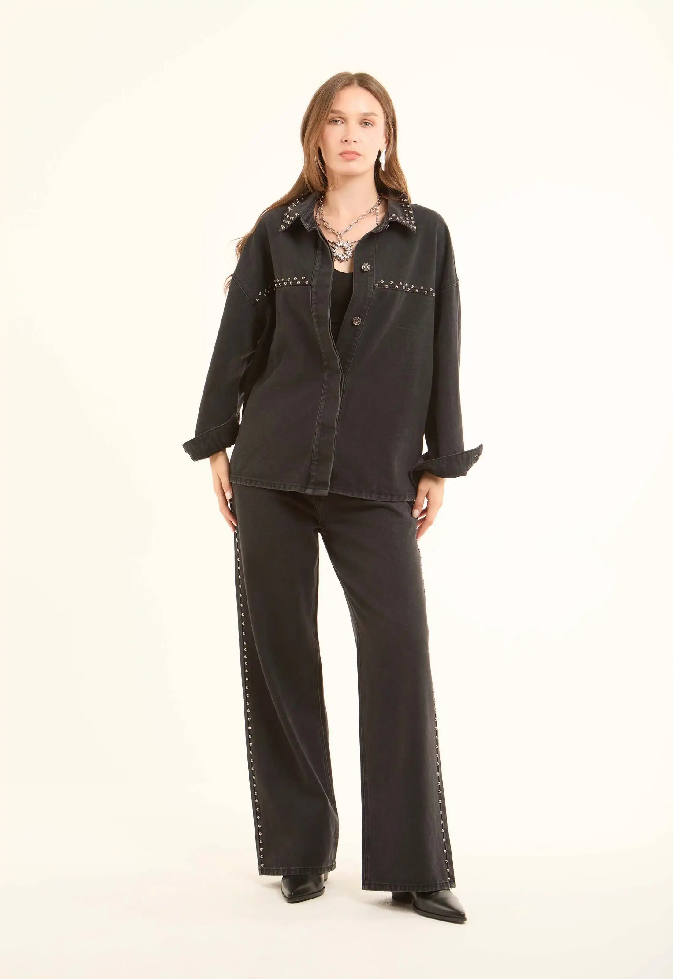 Studded-Side Wide-Leg Jeans