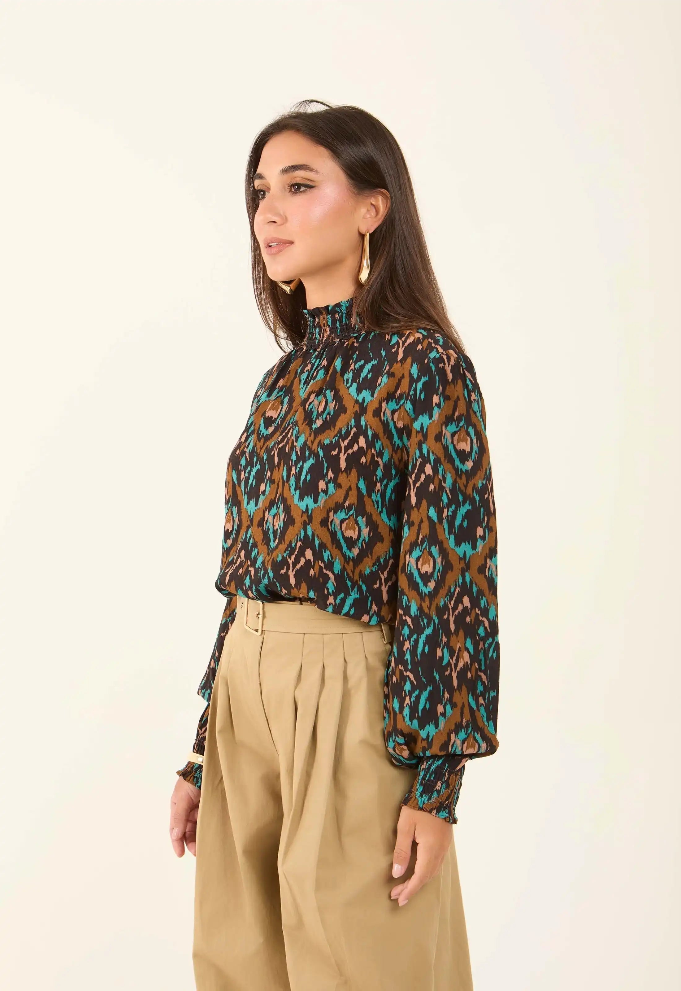 Flowy Printed High-Neck Viscose Blouse