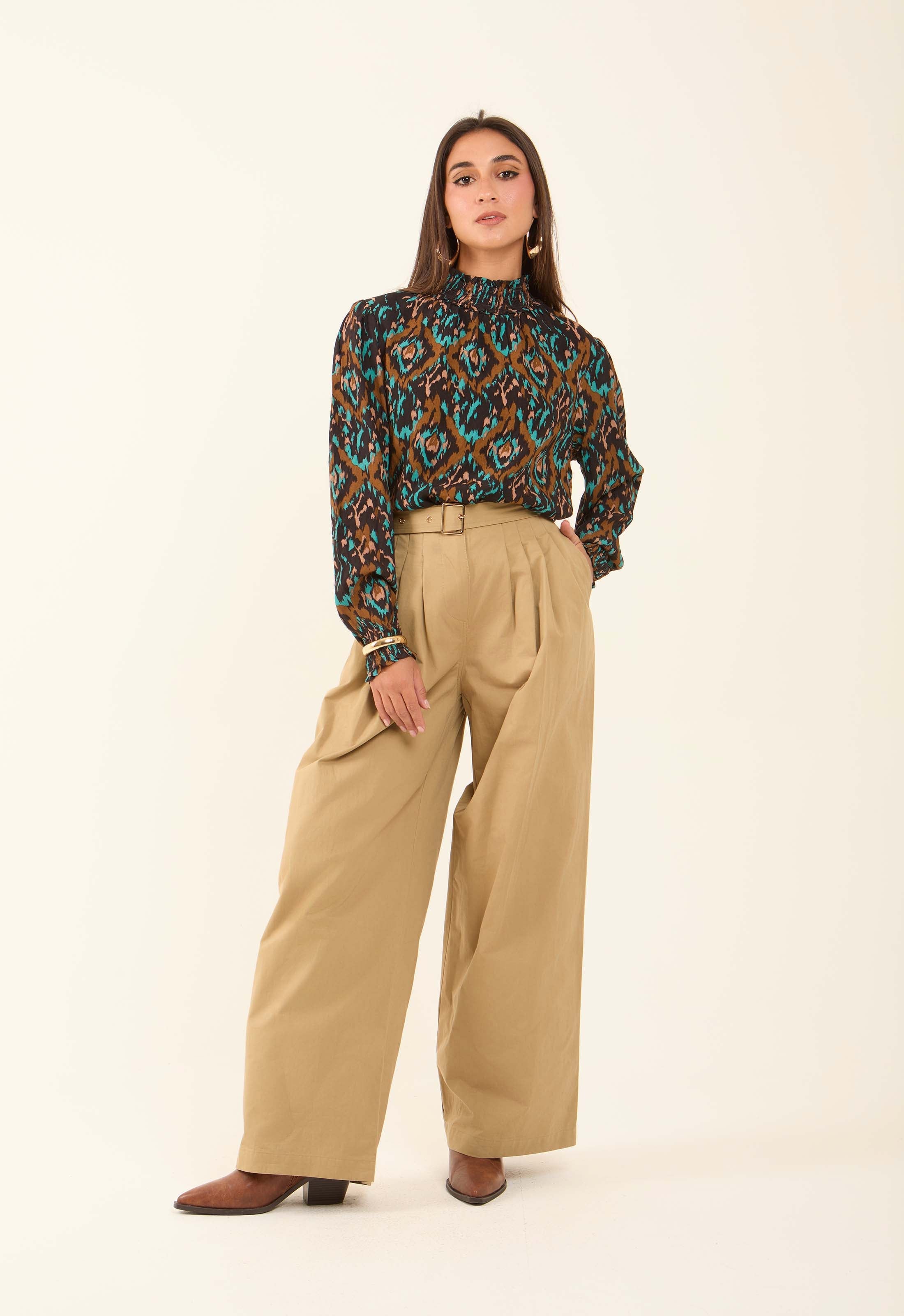 Flowy Printed High-Neck Viscose Blouse