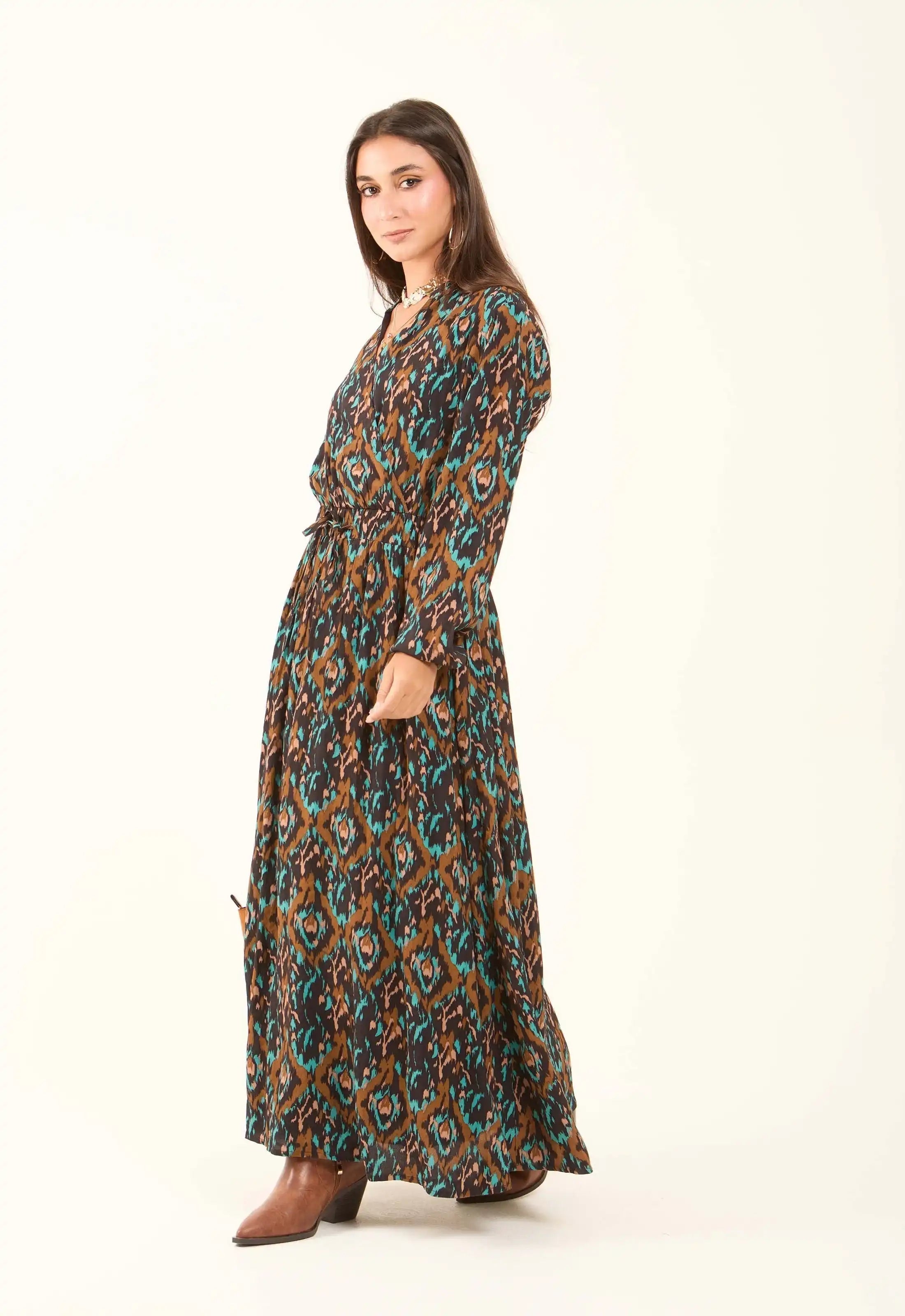 Patterned Drawstring Dress with V-Neck