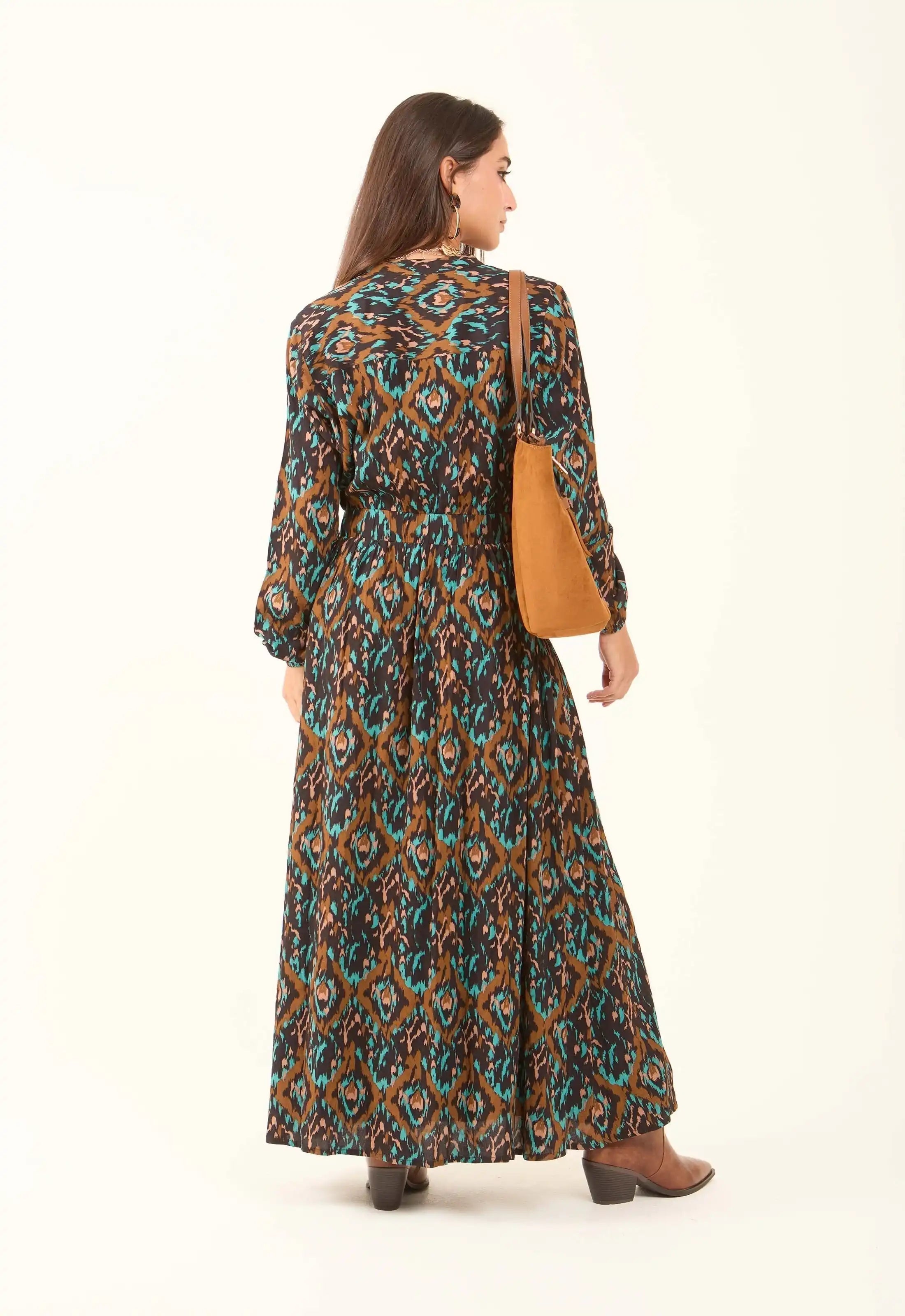 Patterned Drawstring Dress with V-Neck