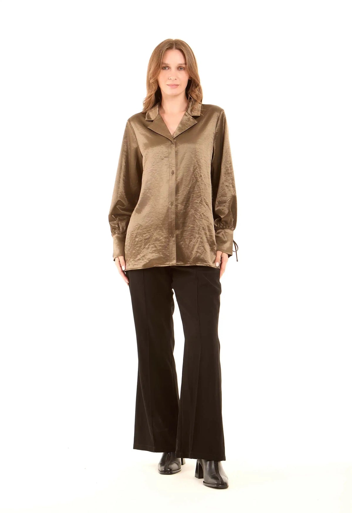 Satin-Feel Polyester Blouse with Notched Collar