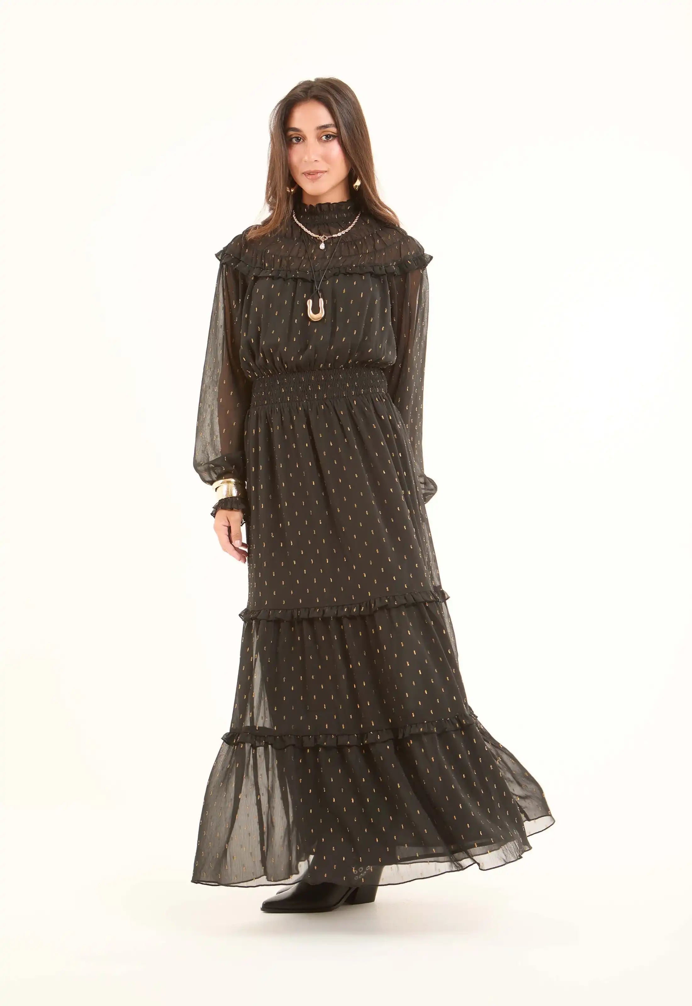 Sheer Shoulders & Sleeves Patterned Maxi Dress