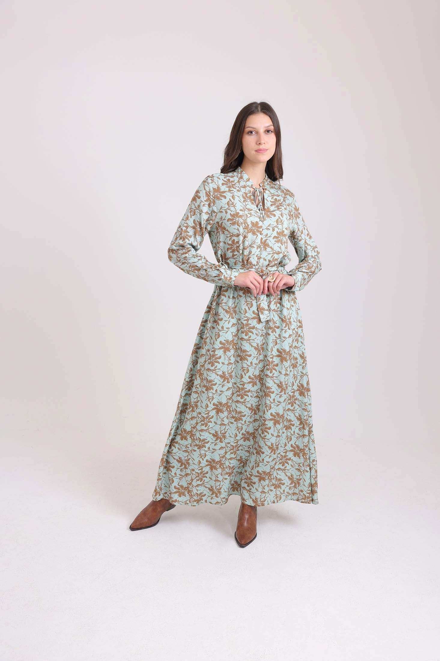 Floral Maxi Dress with Lace-Up Neck