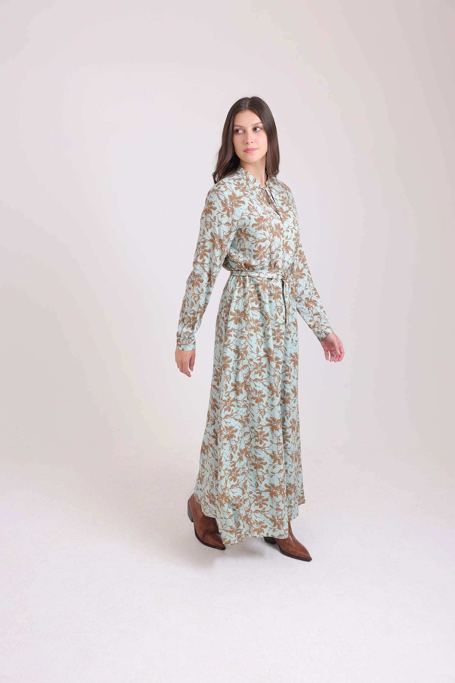 Floral Maxi Dress with Lace-Up Neck