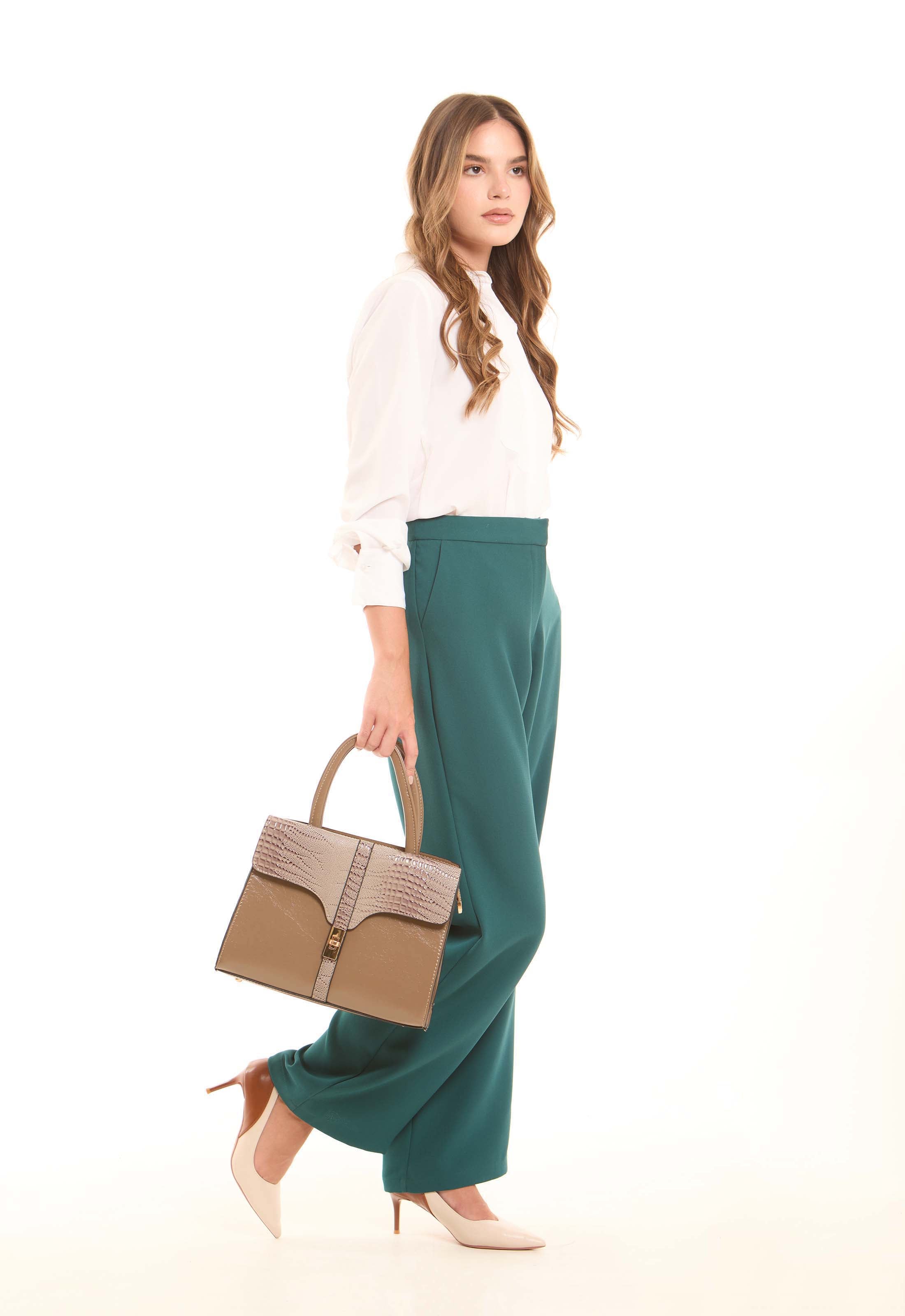 Taupe Croc-Embossed Structured Handbag