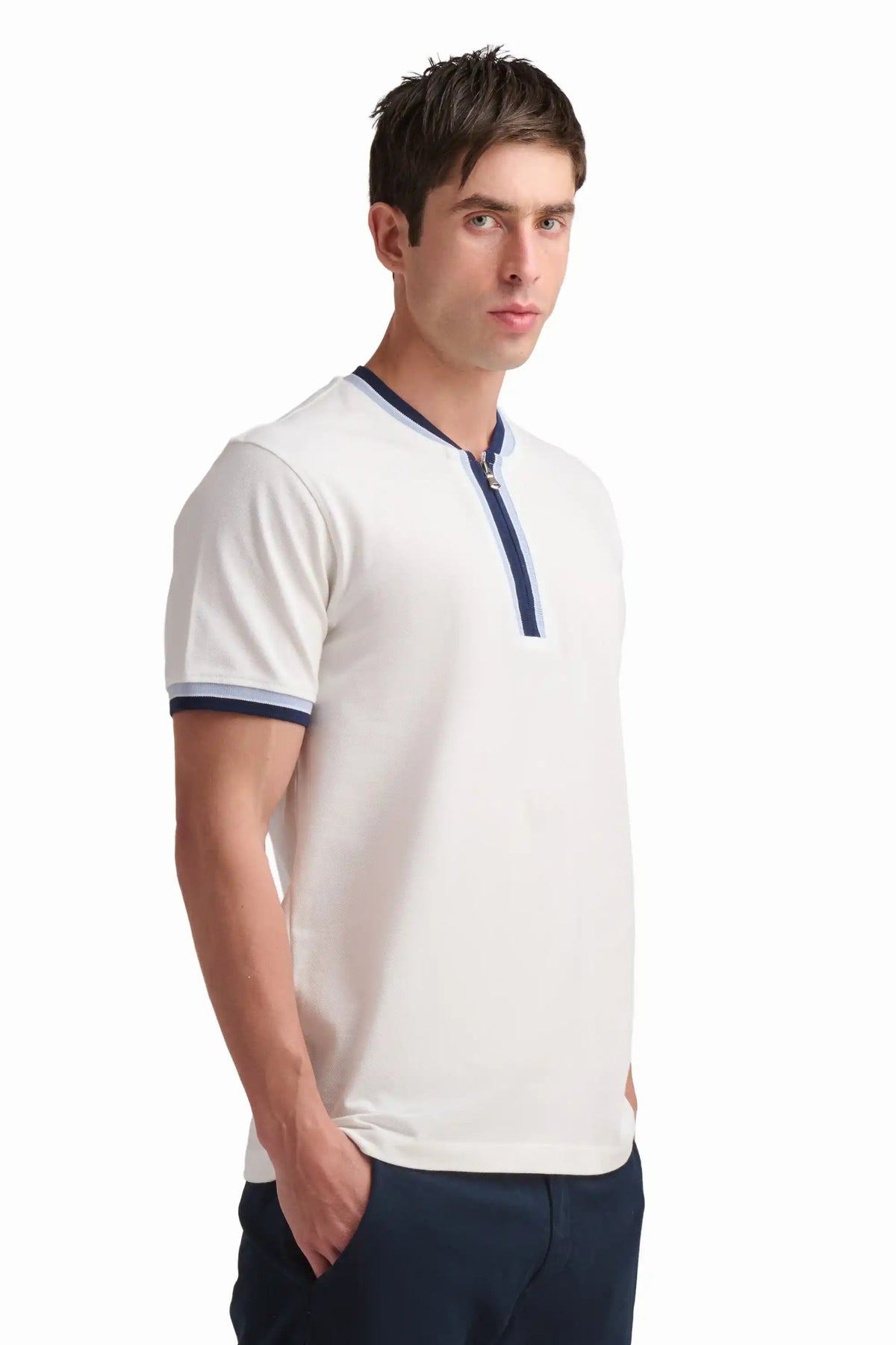 White Contrast Trim Cotton T-Shirt