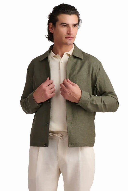 Olive Linen-Blend Overshirt