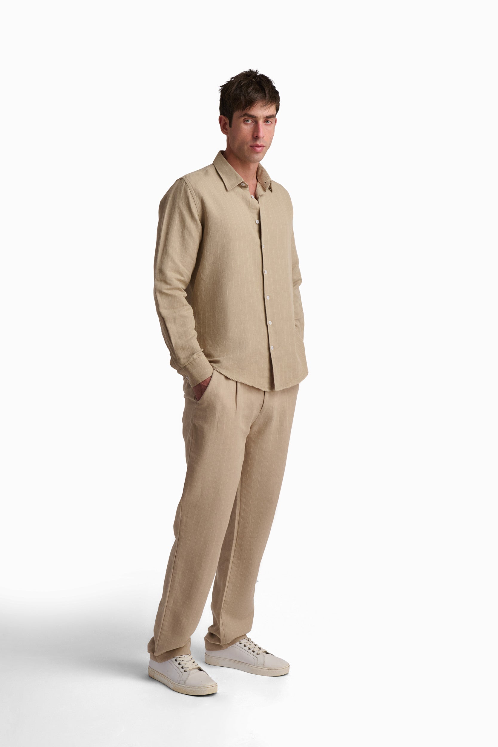 Men’s Textured Beige Straight-Leg Trousers