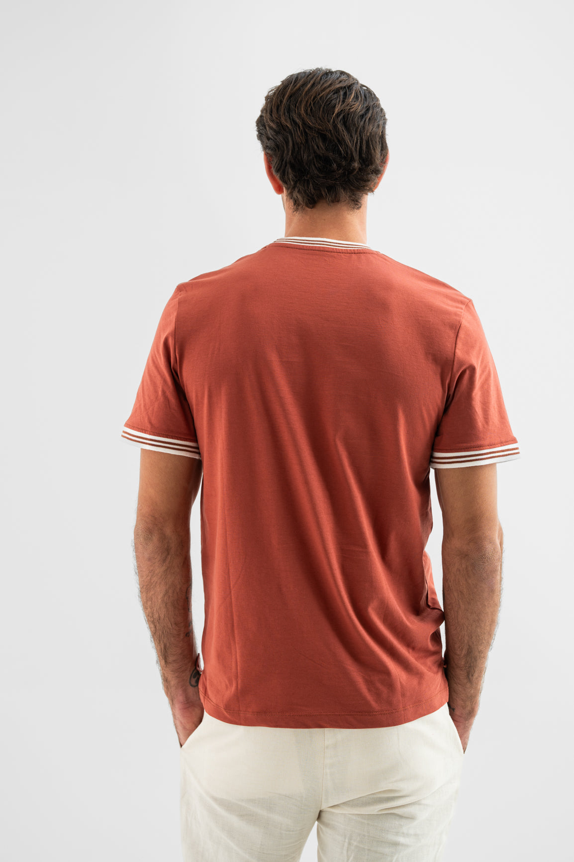 Rust Contrast-Trim Cotton T-Shirt