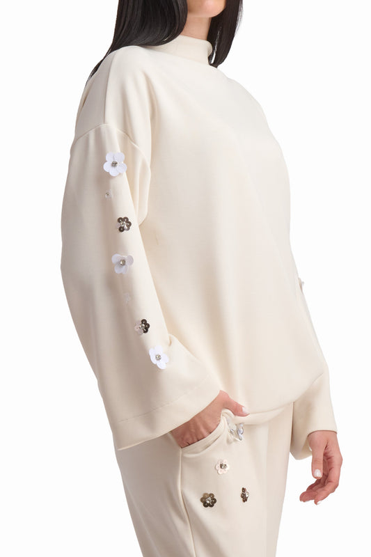Cream 3D Floral Sleeve Sweatshirt